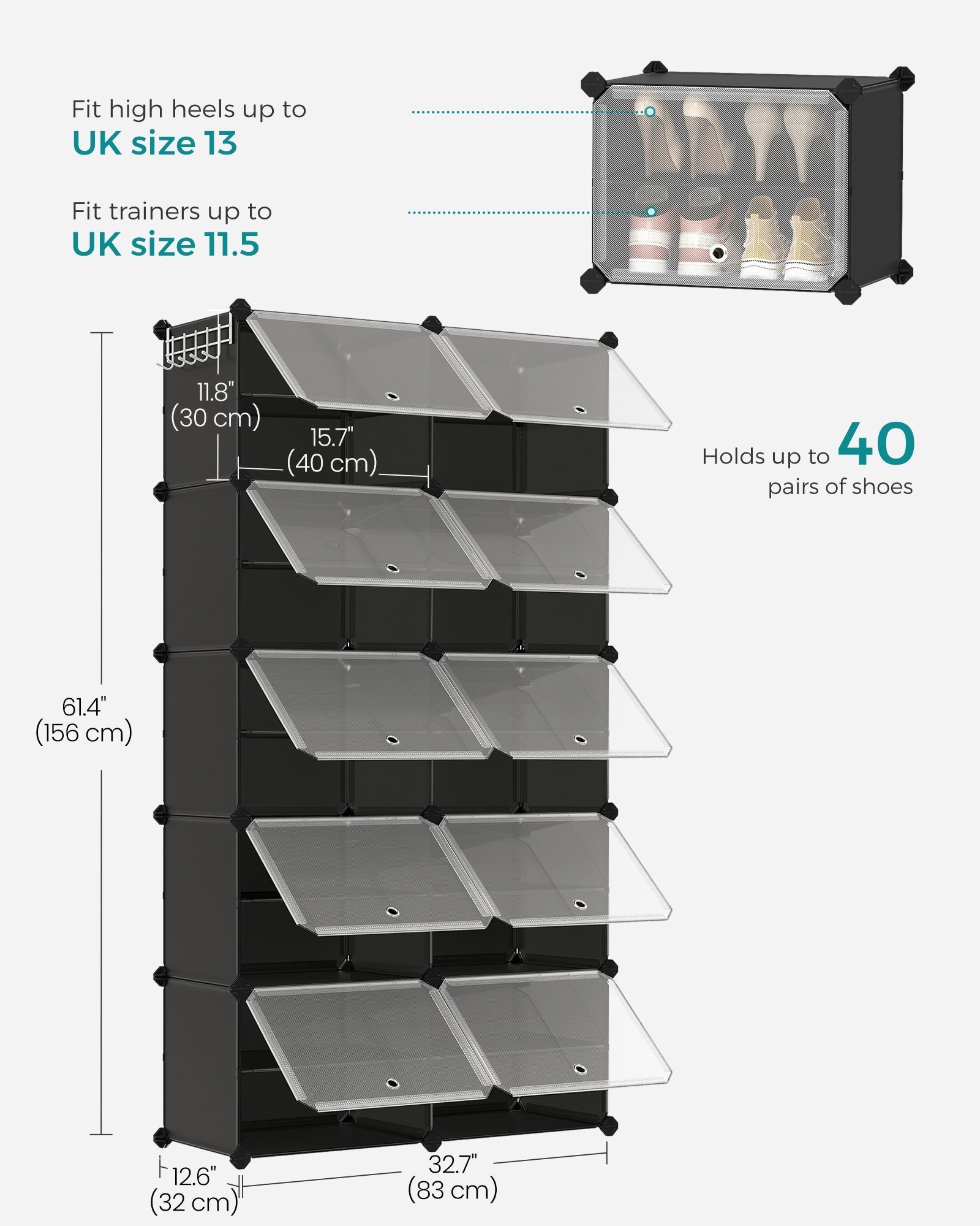 Sklopivi držač cipela, plastični ormarić za cipele s 10 pregrada, crni