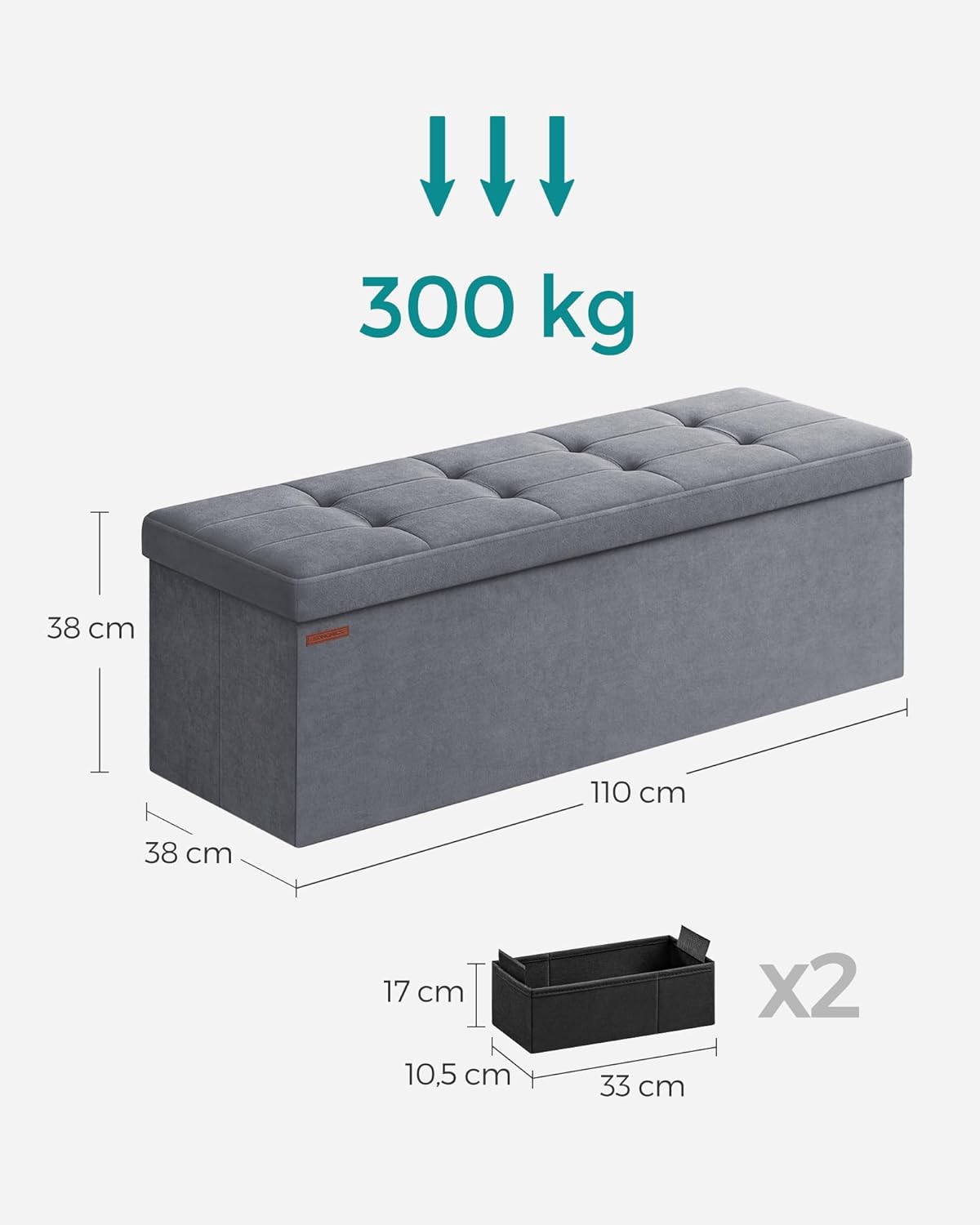 Sklopivi puf s prostorom za pohranu 38 x 110 x 38 cm, nosivost 300 kg, siva