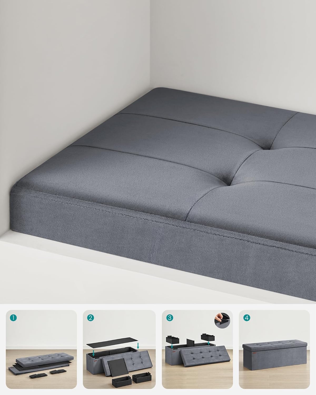 Sklopivi puf s prostorom za pohranu 38 x 110 x 38 cm, nosivost 300 kg, siva