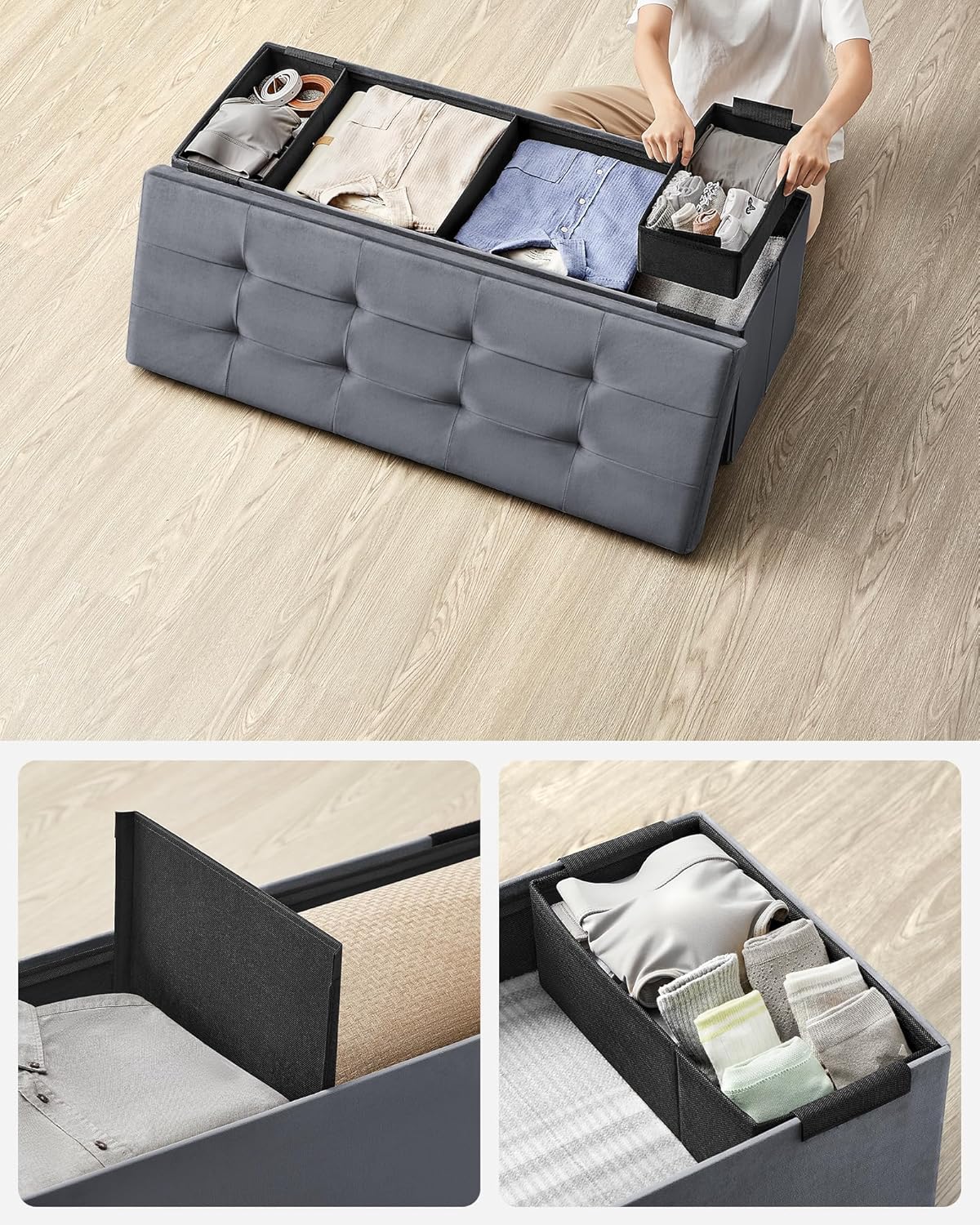 Sklopivi puf s prostorom za pohranu 38 x 110 x 38 cm, nosivost 300 kg, siva