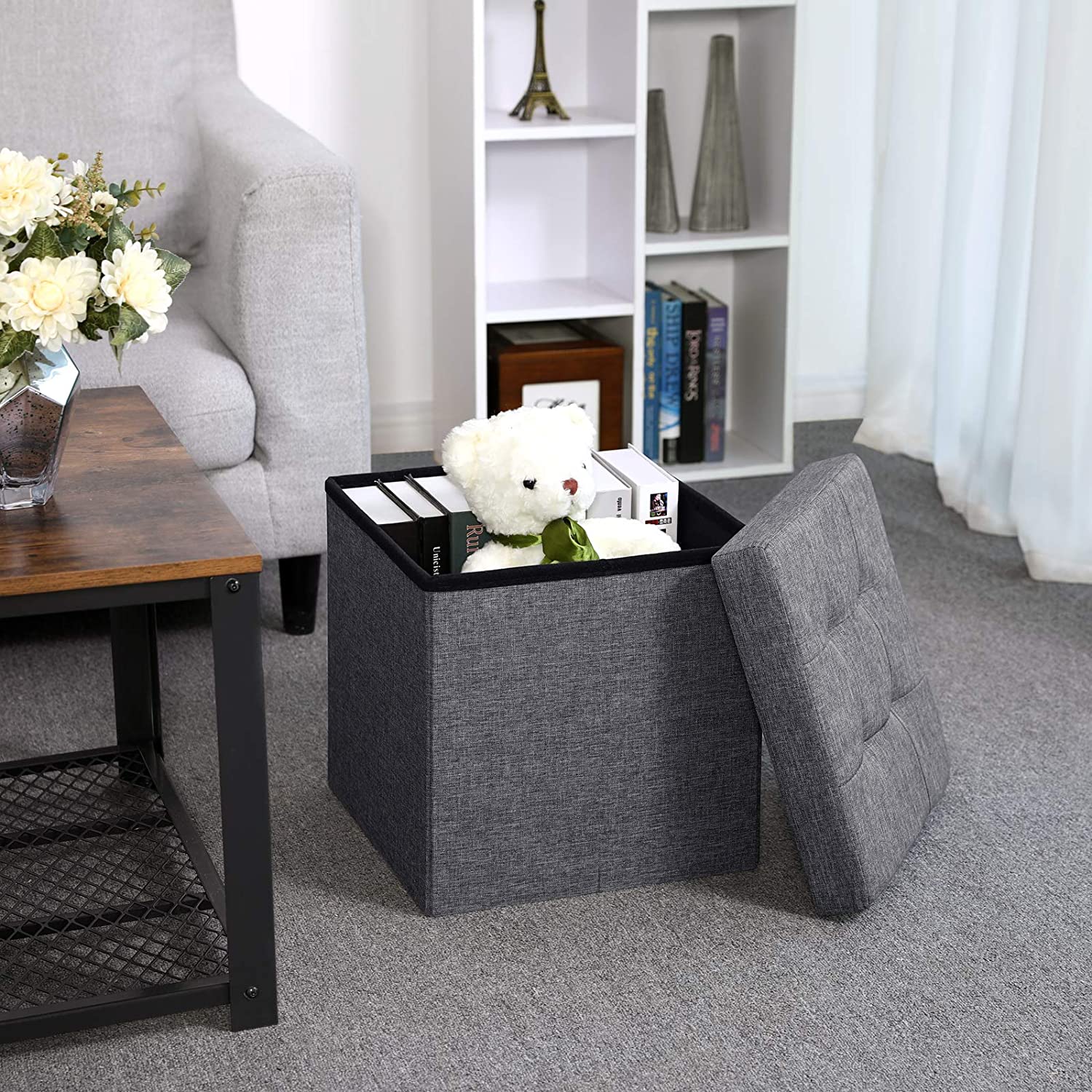 Sklopivi tabure s prostorom za odlaganje, 38 x 38 x 38 cm, tamno siva | SONGMICS-vitahome.hr