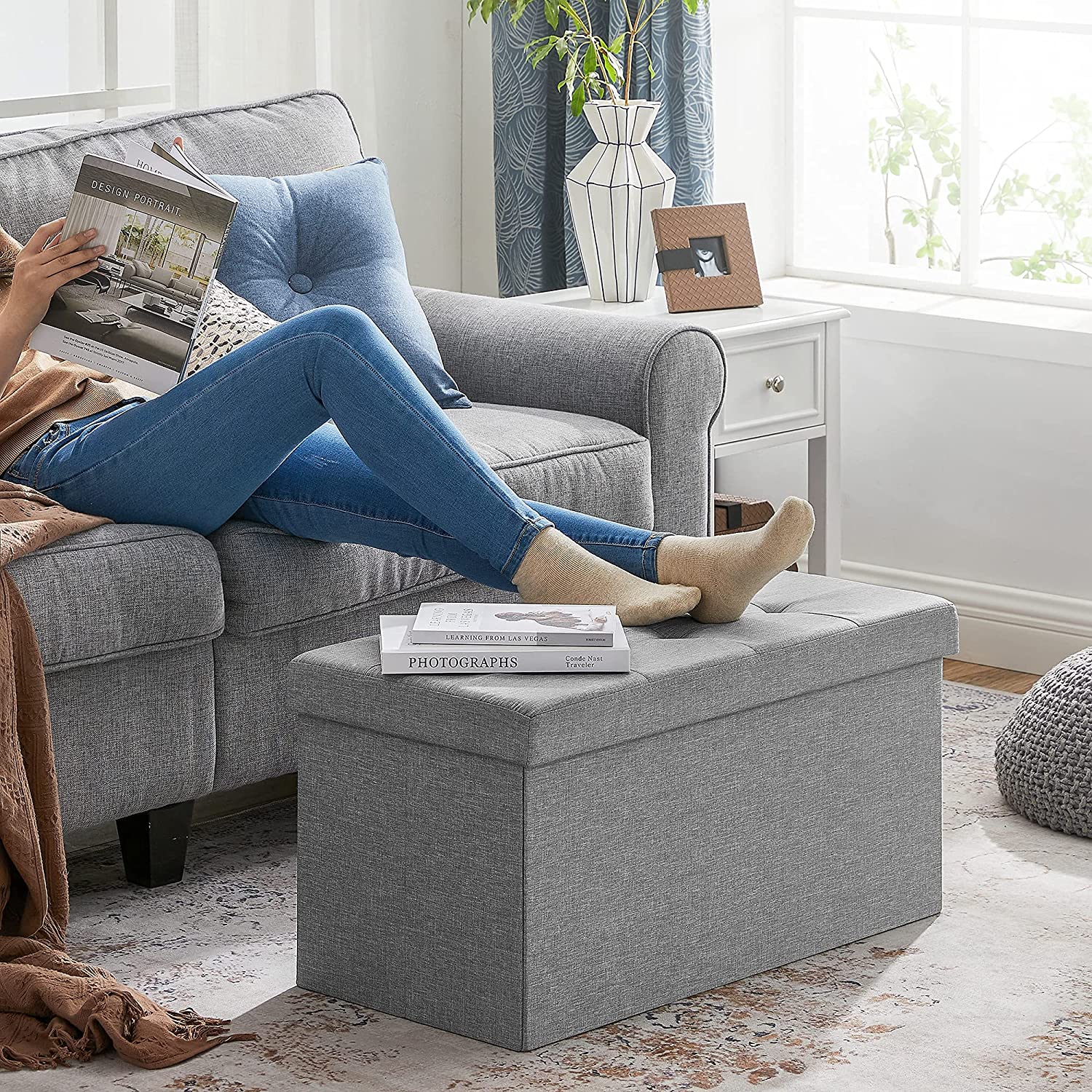 Sklopivi tabure s prostorom za odlaganje, 76 x 38 x 38 cm, svijetlo siva | SONGMICS-vitahome.hr