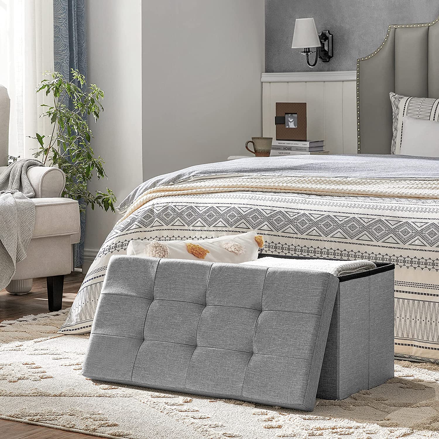 Sklopivi tabure s prostorom za odlaganje, 76 x 38 x 38 cm, svijetlo siva | SONGMICS-vitahome.hr