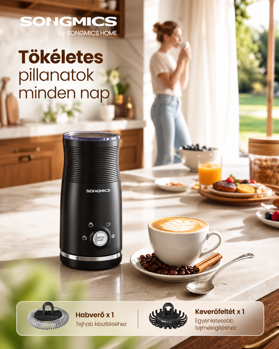 SONGMICS 4-u-1 električni pjenilac za mlijeko, 300 ml, tintno crna