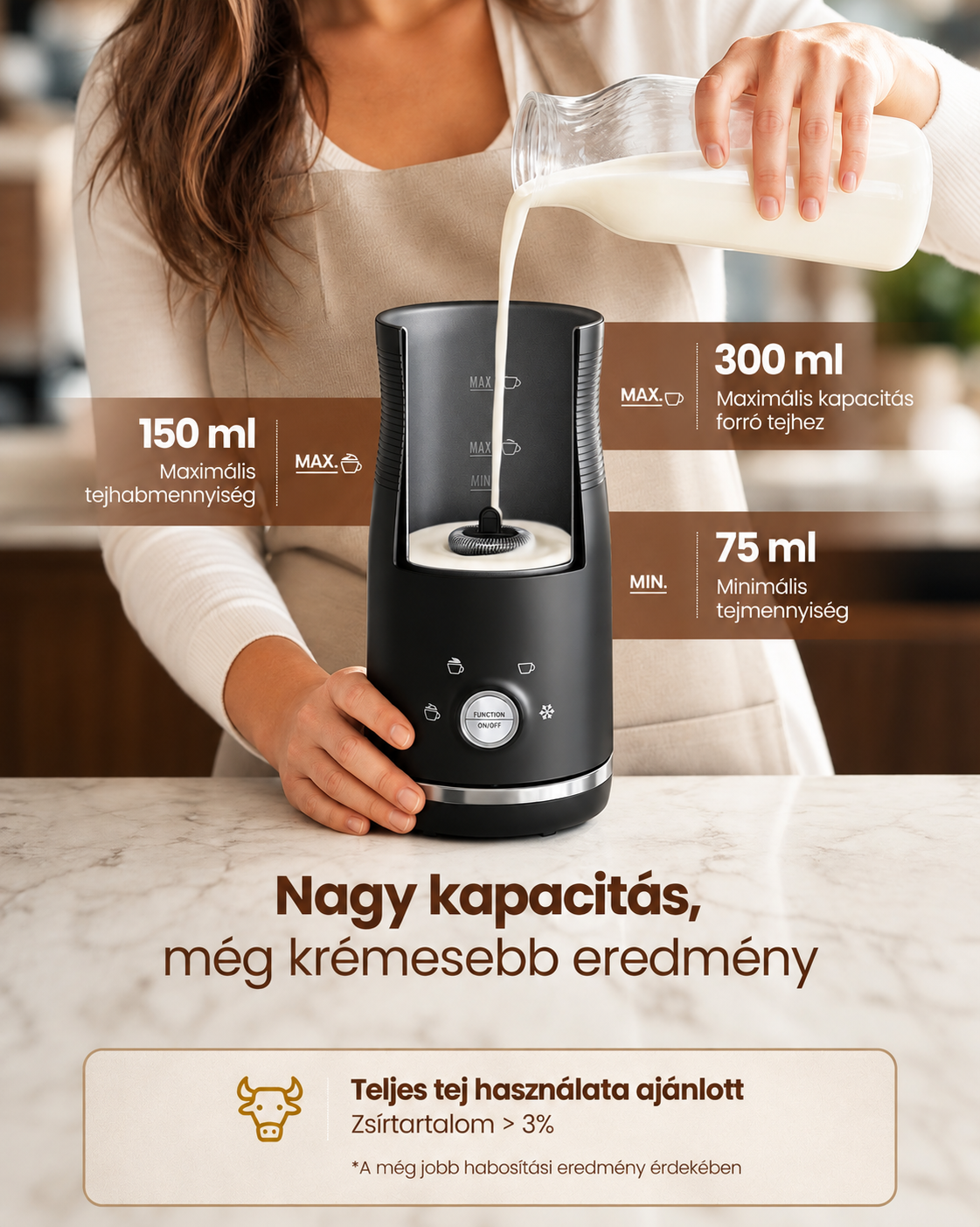 SONGMICS 4-u-1 električni pjenilac za mlijeko, 300 ml, tintno crna