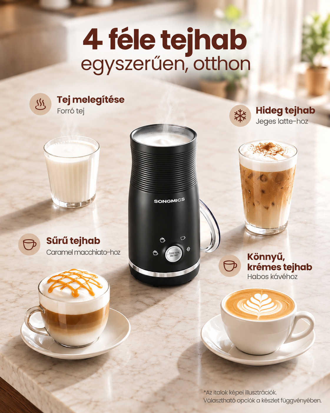 SONGMICS 4-u-1 električni pjenilac za mlijeko, 300 ml, tintno crna