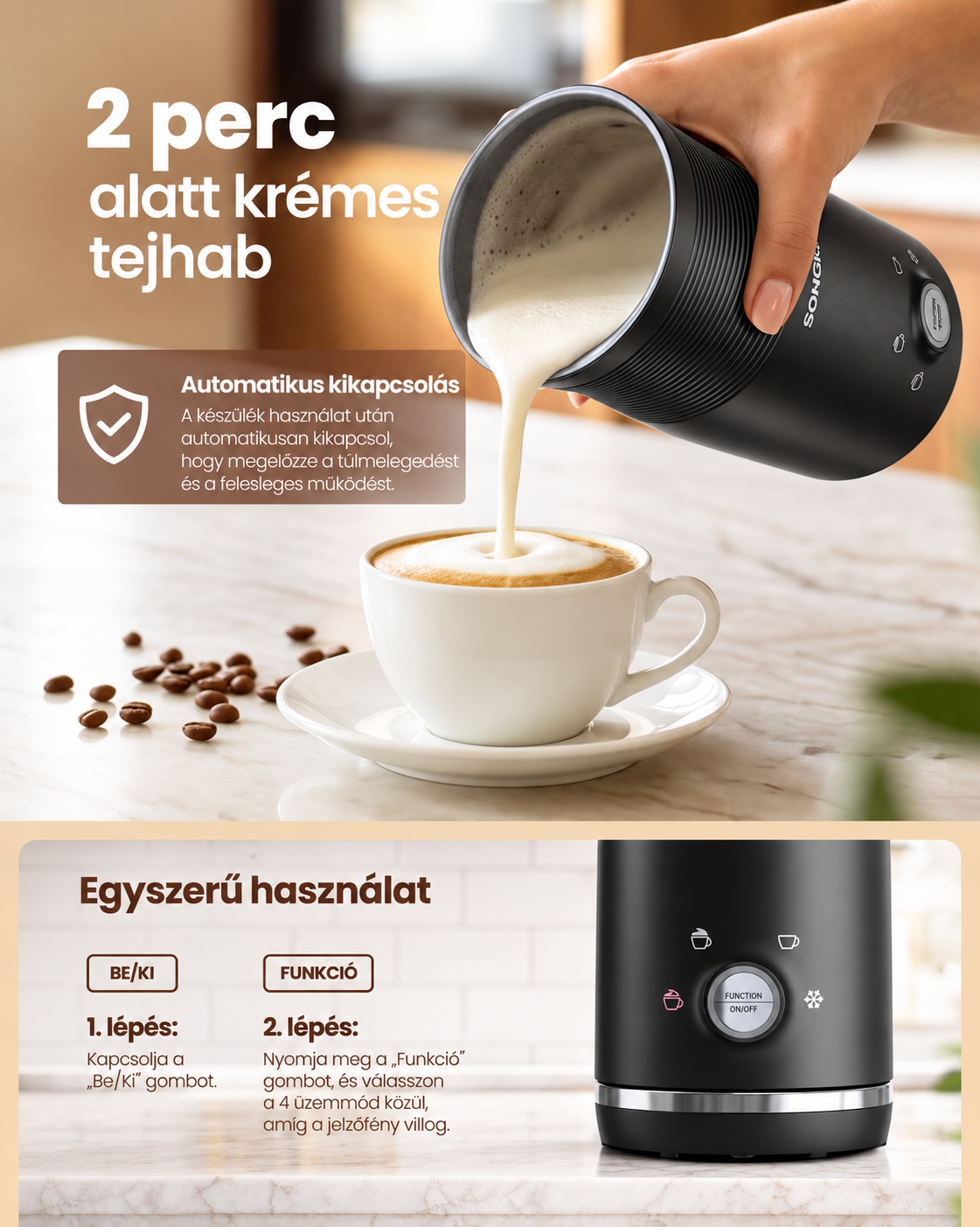 SONGMICS 4-u-1 električni pjenilac za mlijeko, 300 ml, tintno crna
