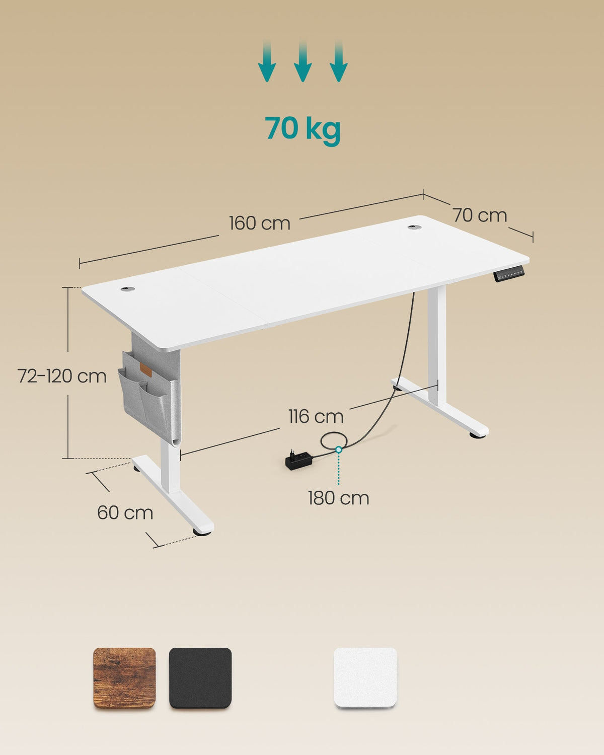 SONGMICS električni radni stol podesive visine, 160 x 70 cm, bijela