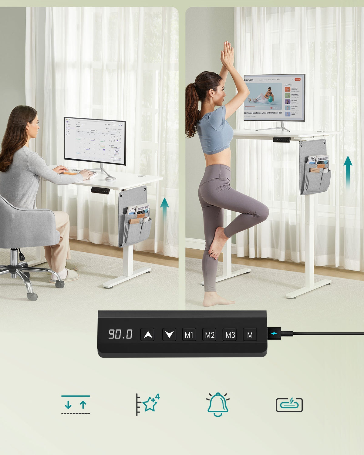 SONGMICS električni stol za stajanje s USB-C priključkom, 100 x 60 cm, mat bijela