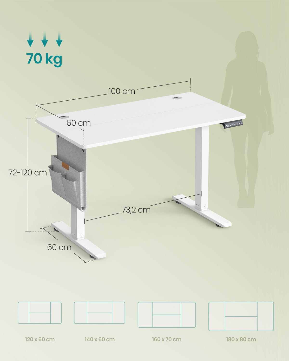 SONGMICS električni stol za stajanje s USB-C priključkom, 100 x 60 cm, mat bijela