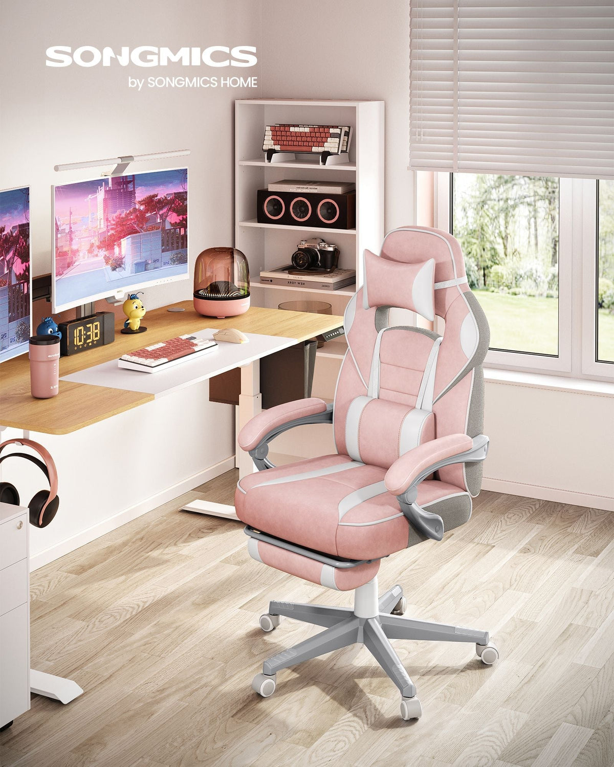 SONGMICS ergonomska gaming stolica s osloncem za noge, nosivost 150 kg, pastelno ružičasta