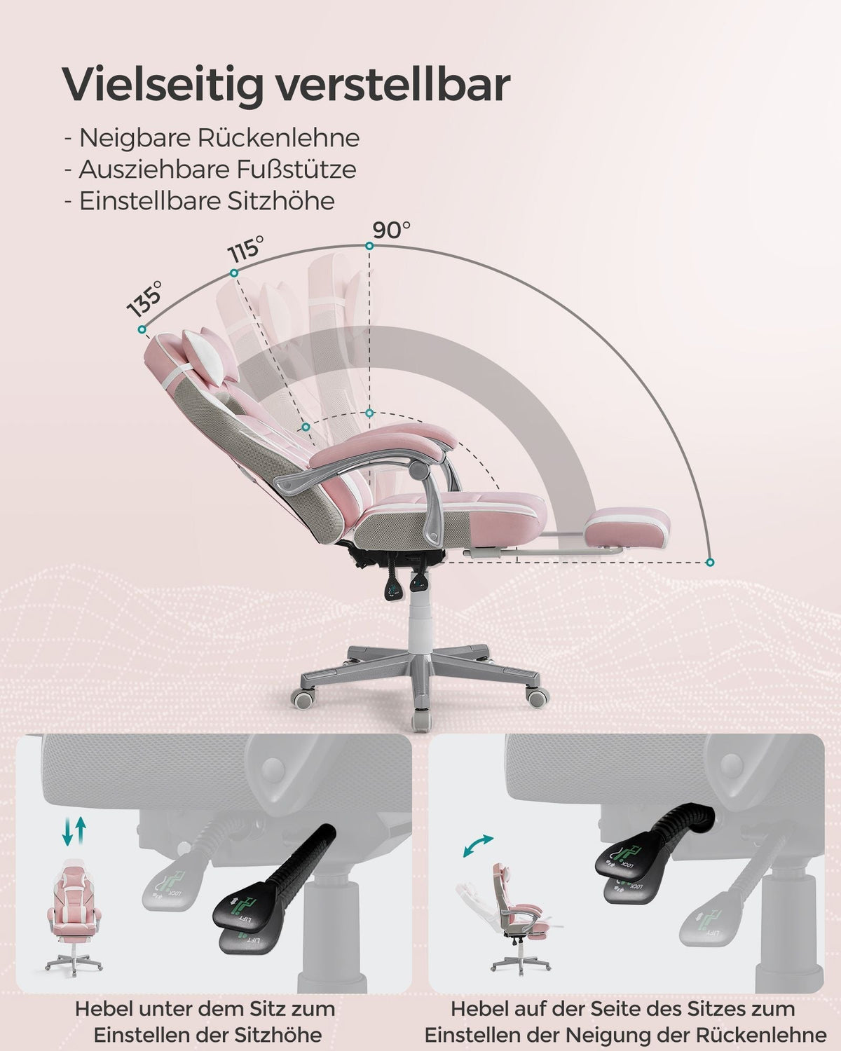 SONGMICS ergonomska gaming stolica s osloncem za noge, nosivost 150 kg, pastelno ružičasta