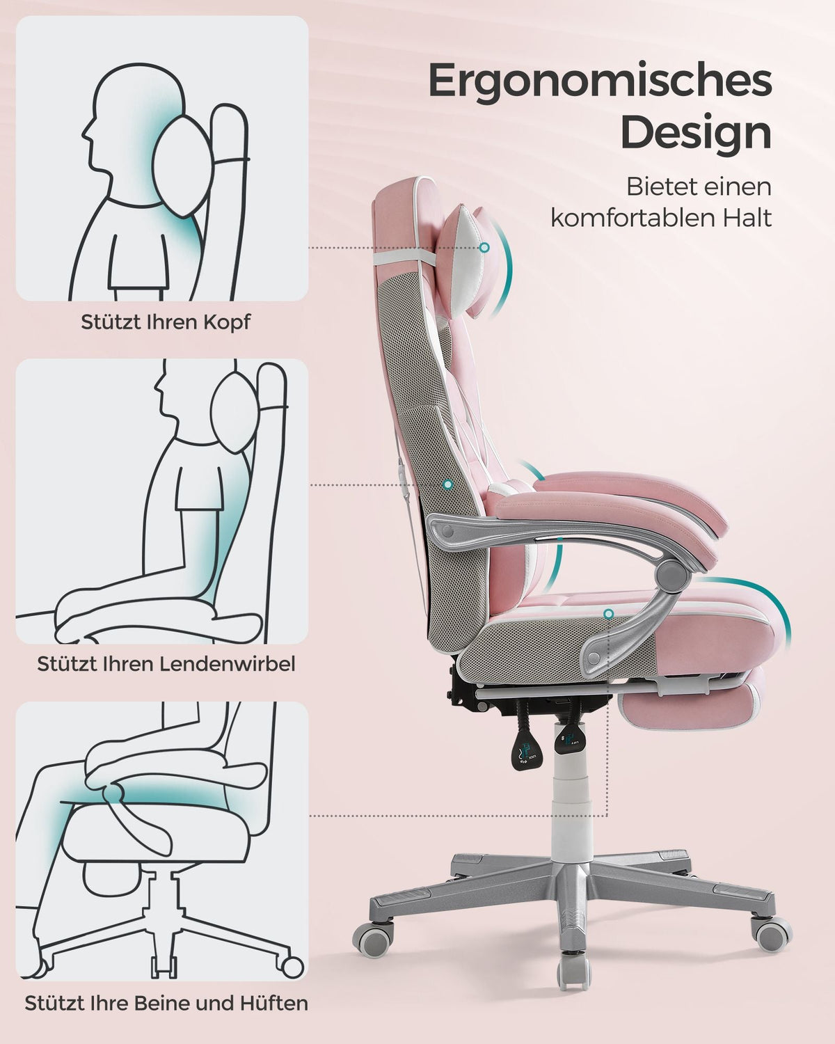 SONGMICS ergonomska gaming stolica s osloncem za noge, nosivost 150 kg, pastelno ružičasta