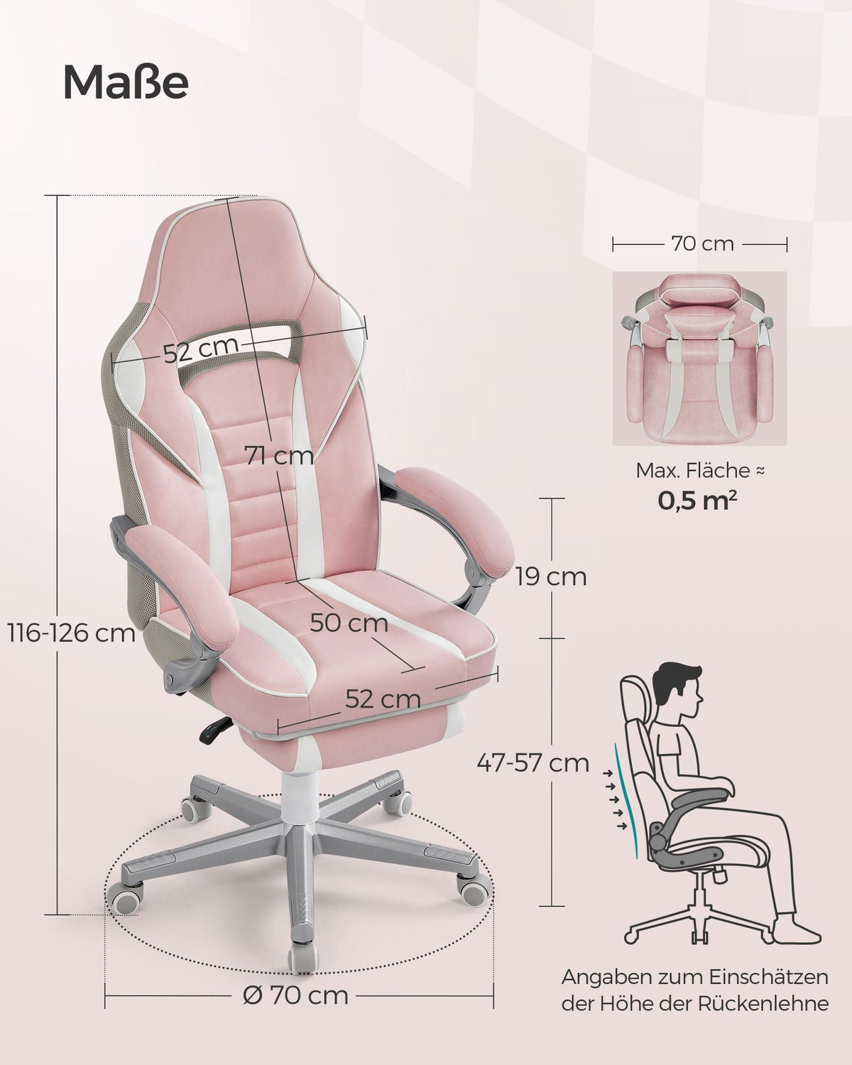 SONGMICS ergonomska gaming stolica s osloncem za noge, nosivost 150 kg, pastelno ružičasta