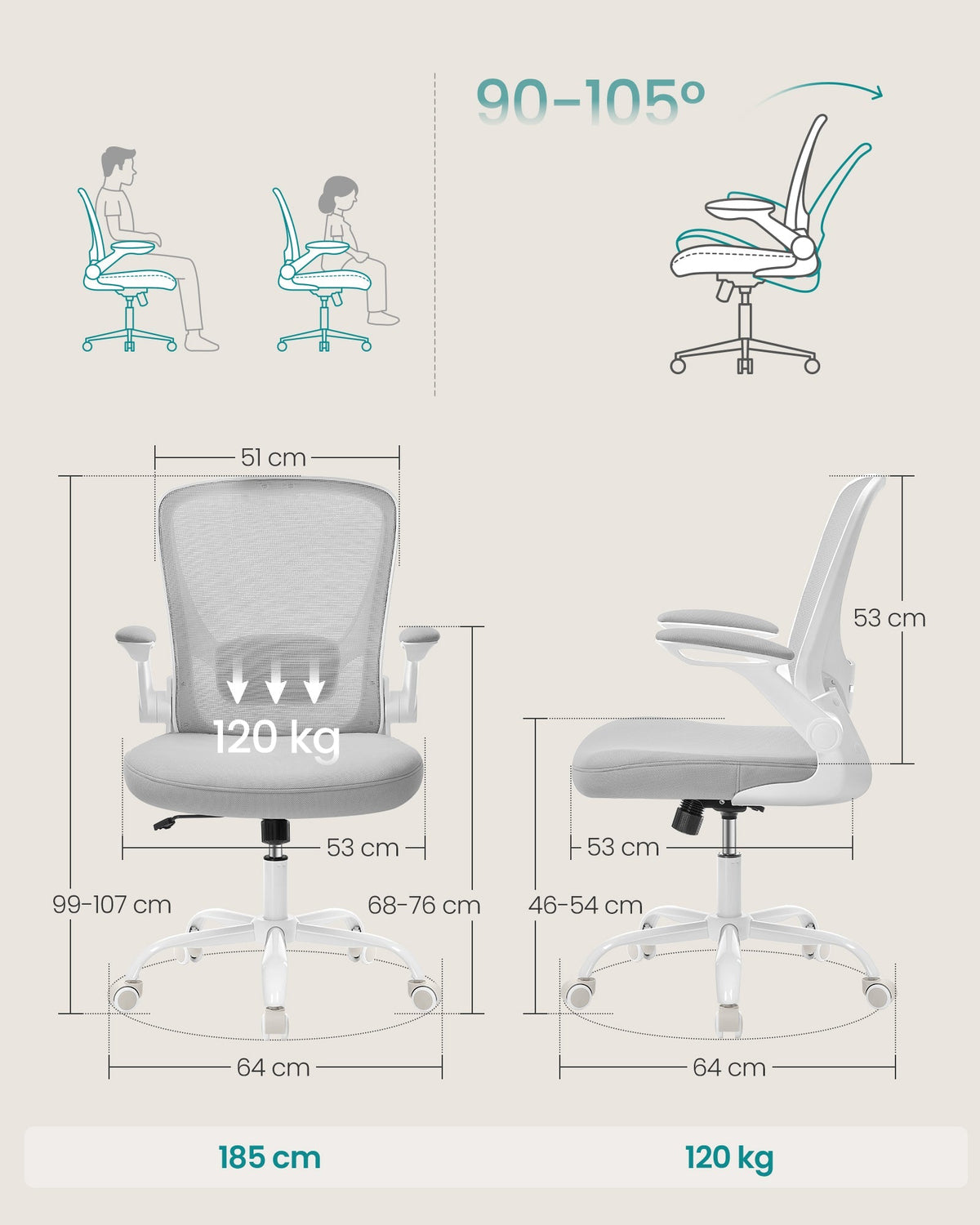 SONGMICS ergonomska mrežasta uredska stolica s naslonom za glavu, svjetlosiva