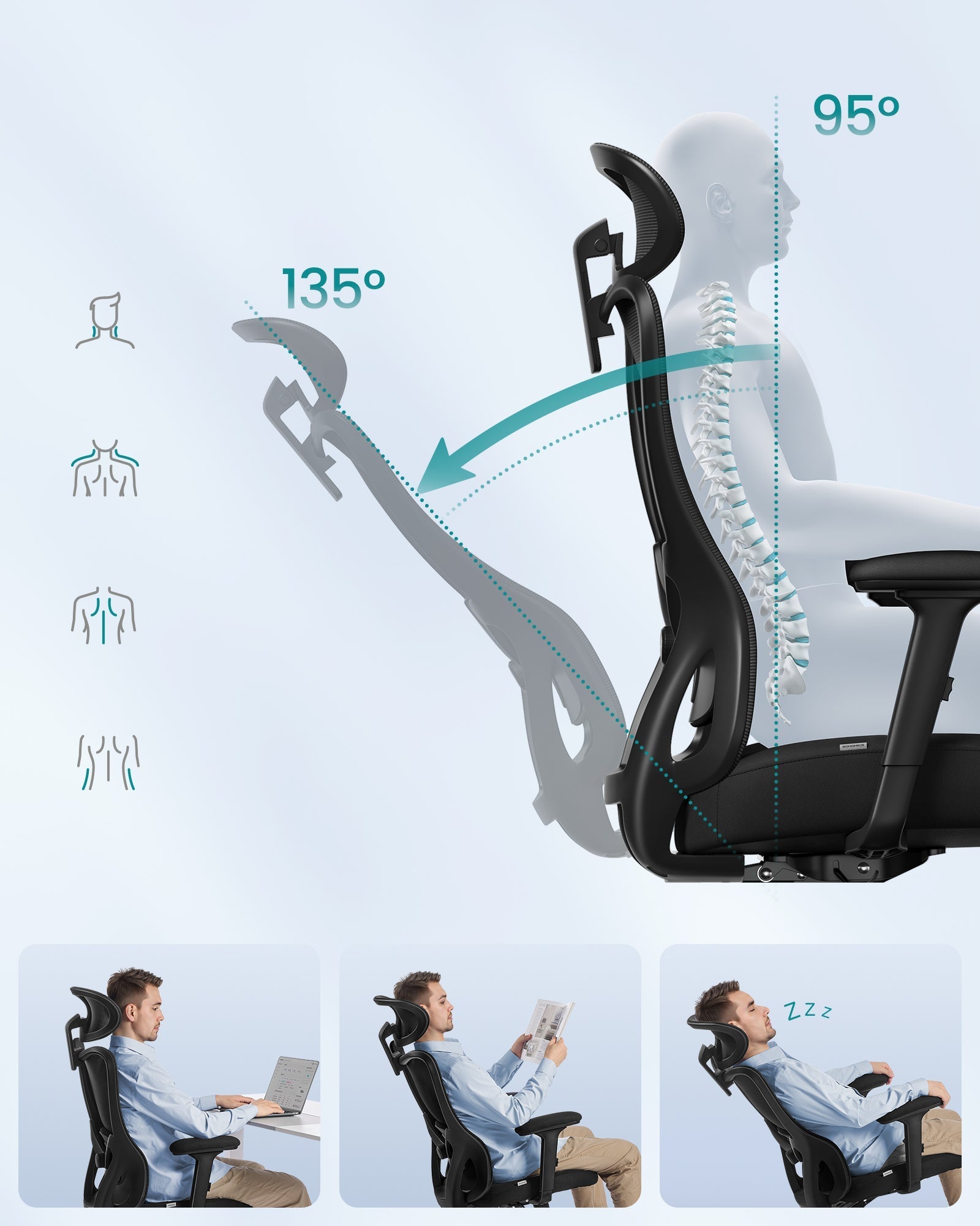 SONGMICS ergonomski uredski stolac s podesivim naslonom za glavu i lumbalnom potporom, tinta crna