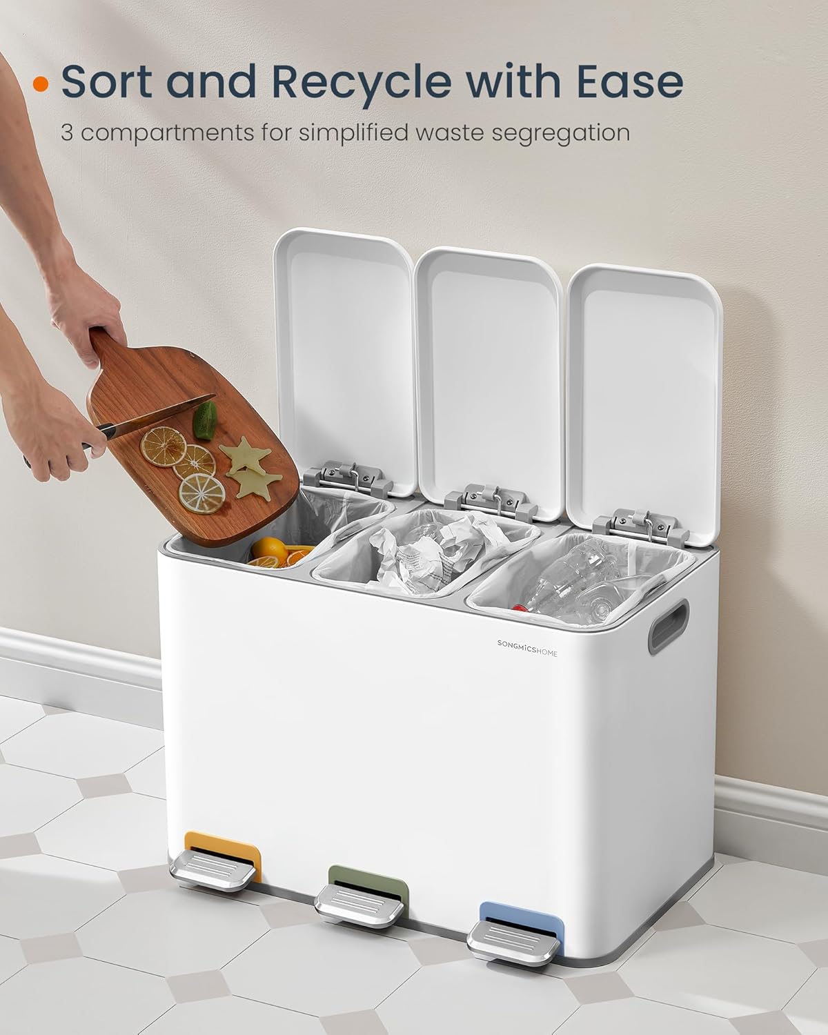 SONGMICS HOME kuhinjska kanta za razdvojeno smeće s 3 pretinca, 45 L (3x15L), crna