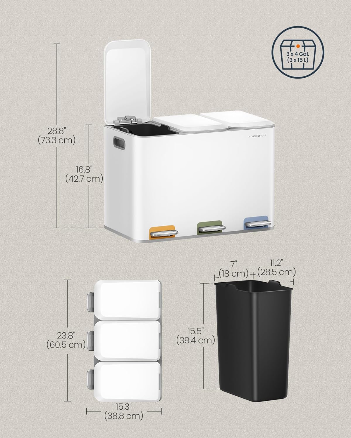 SONGMICS HOME kuhinjska kanta za razdvojeno smeće s 3 pretinca, 45 L (3x15L), crna