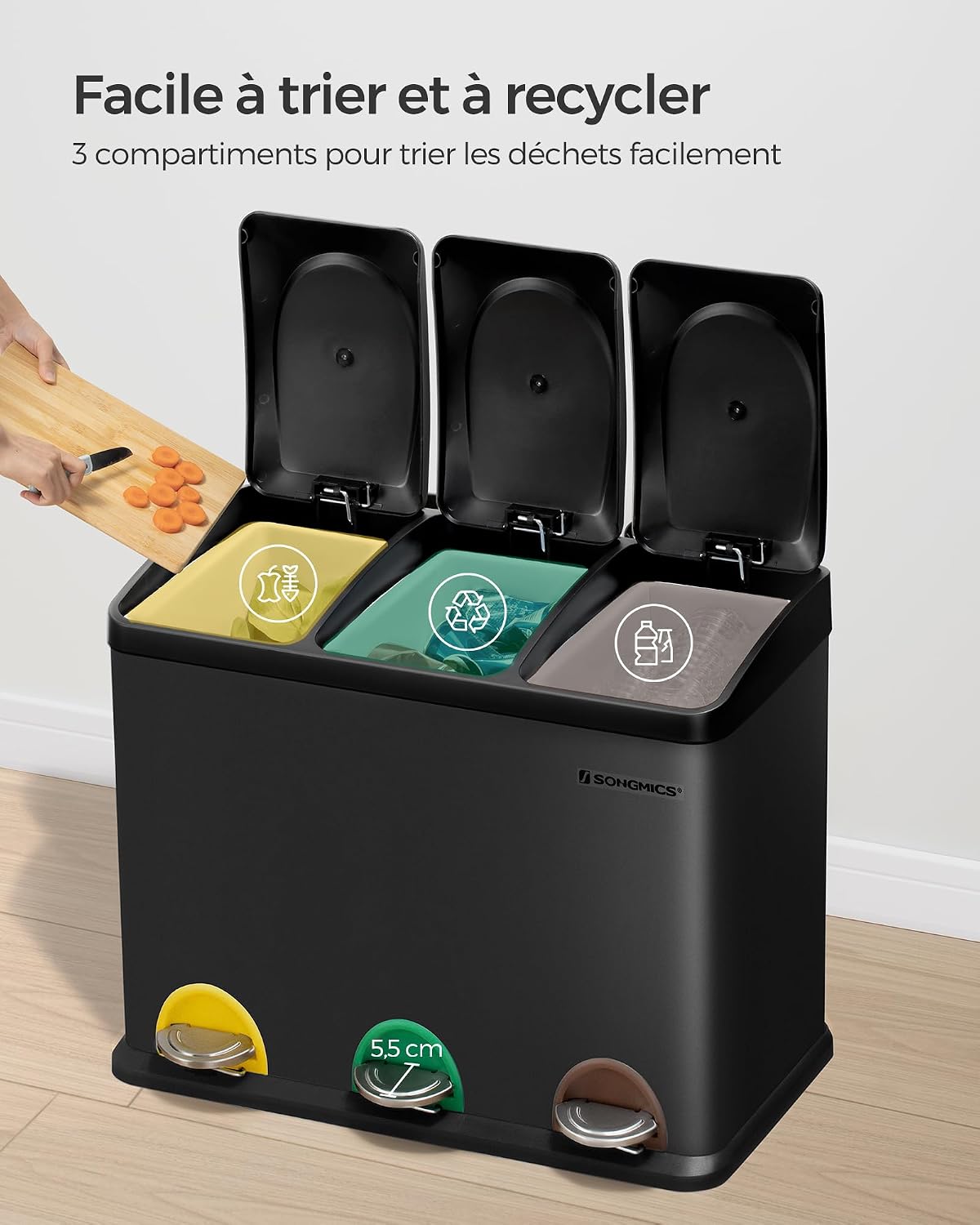 SONGMICS kanta za razdvojeno smeće s 3 pretinca na pedalu, 45 L (3 x 15 L), crna kao tinta