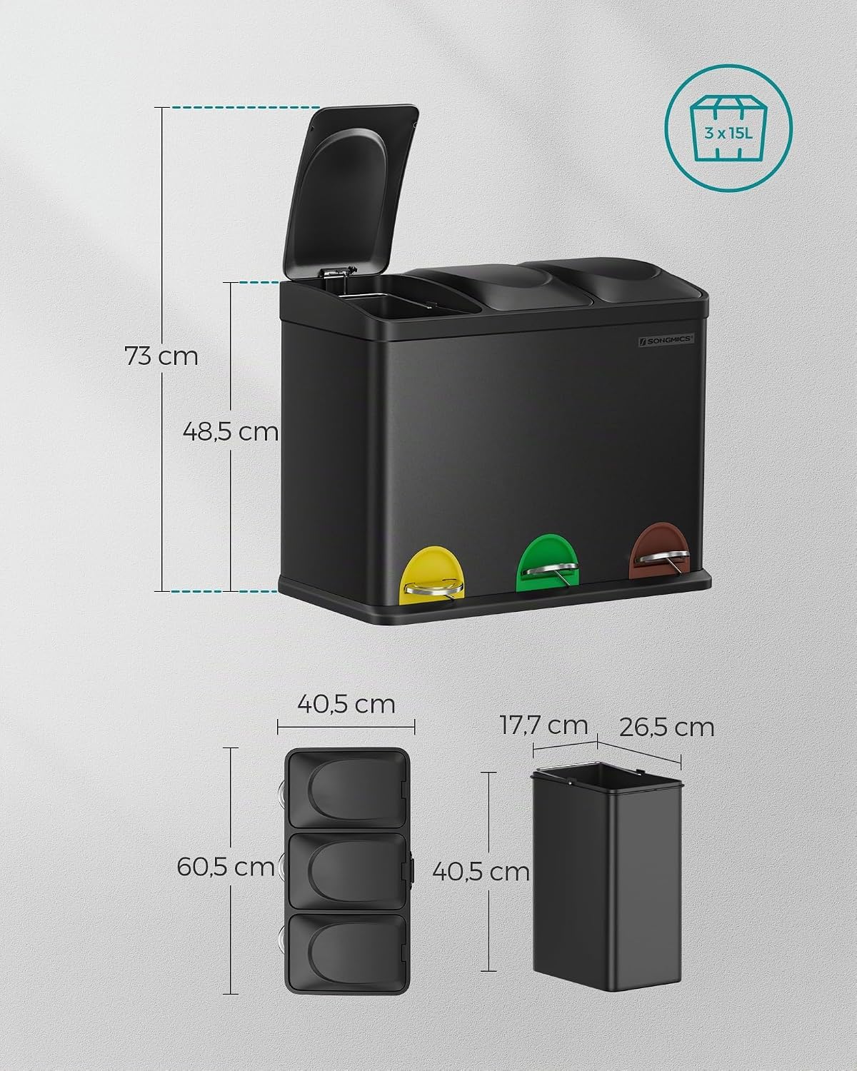 SONGMICS kanta za razdvojeno smeće s 3 pretinca na pedalu, 45 L (3 x 15 L), crna kao tinta