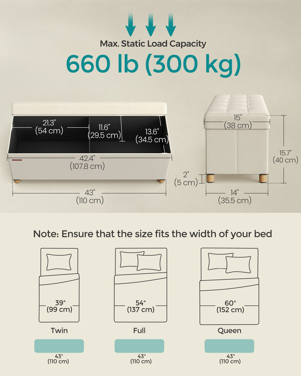 SONGMICS klupa s prostorom za pohranu i nogicama – do 300 kg, 110 cm, preklopiva, kremasto bijela