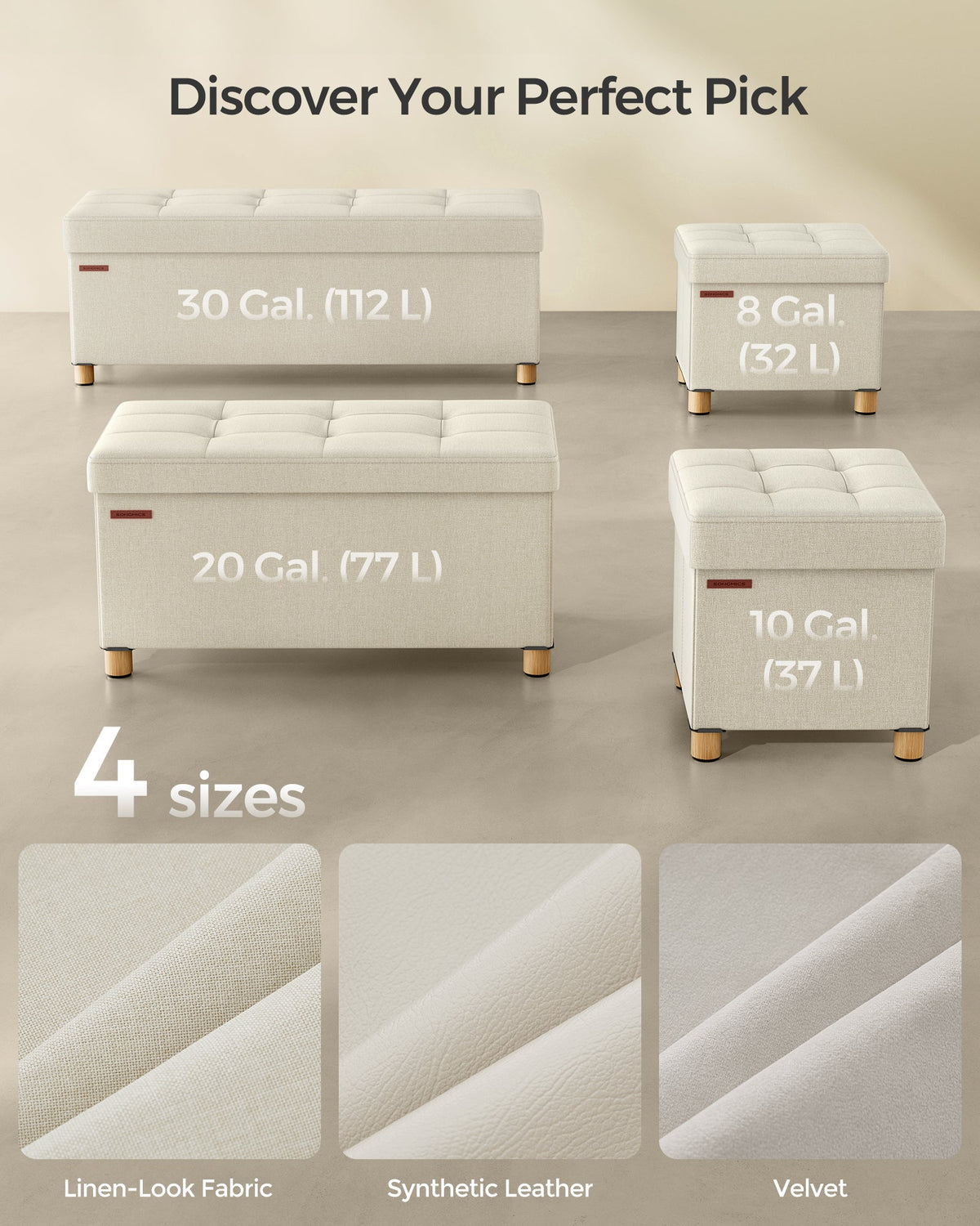 SONGMICS klupa s prostorom za pohranu i nogicama – do 300 kg, 110 cm, preklopiva, kremasto bijela