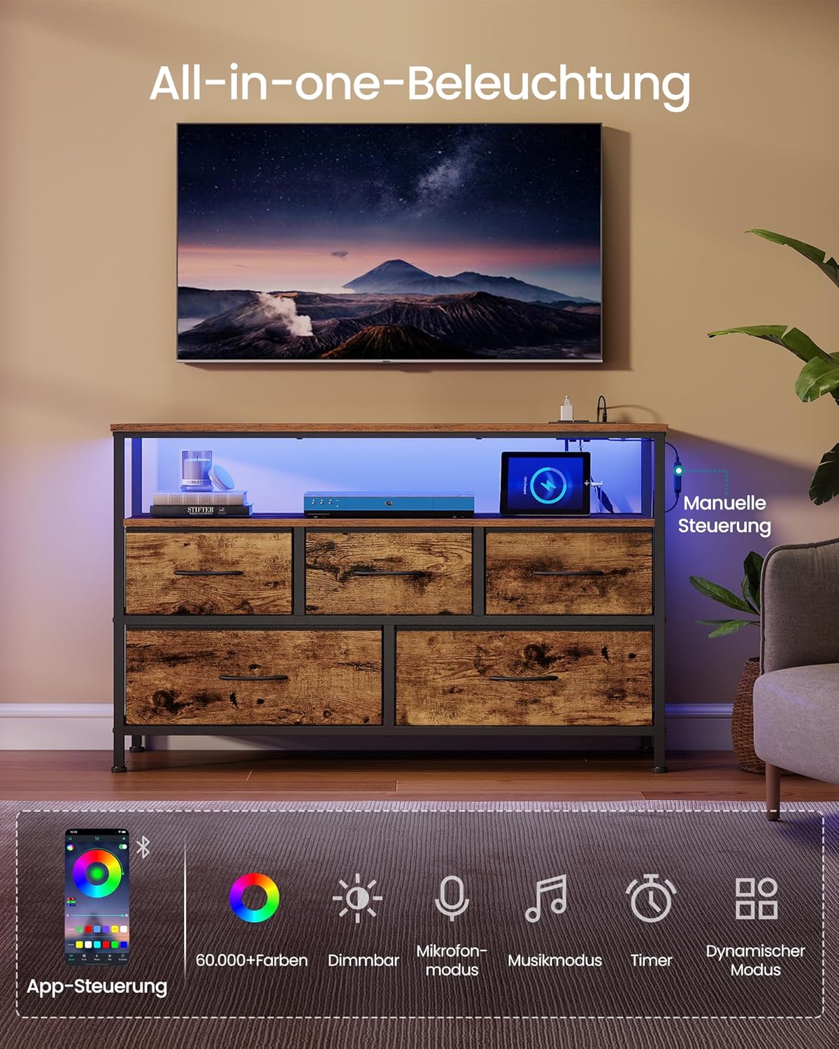 SONGMICS komoda, TV stalak, upravljivo LED osvjetljenje, vintage smeđa - tintna crna