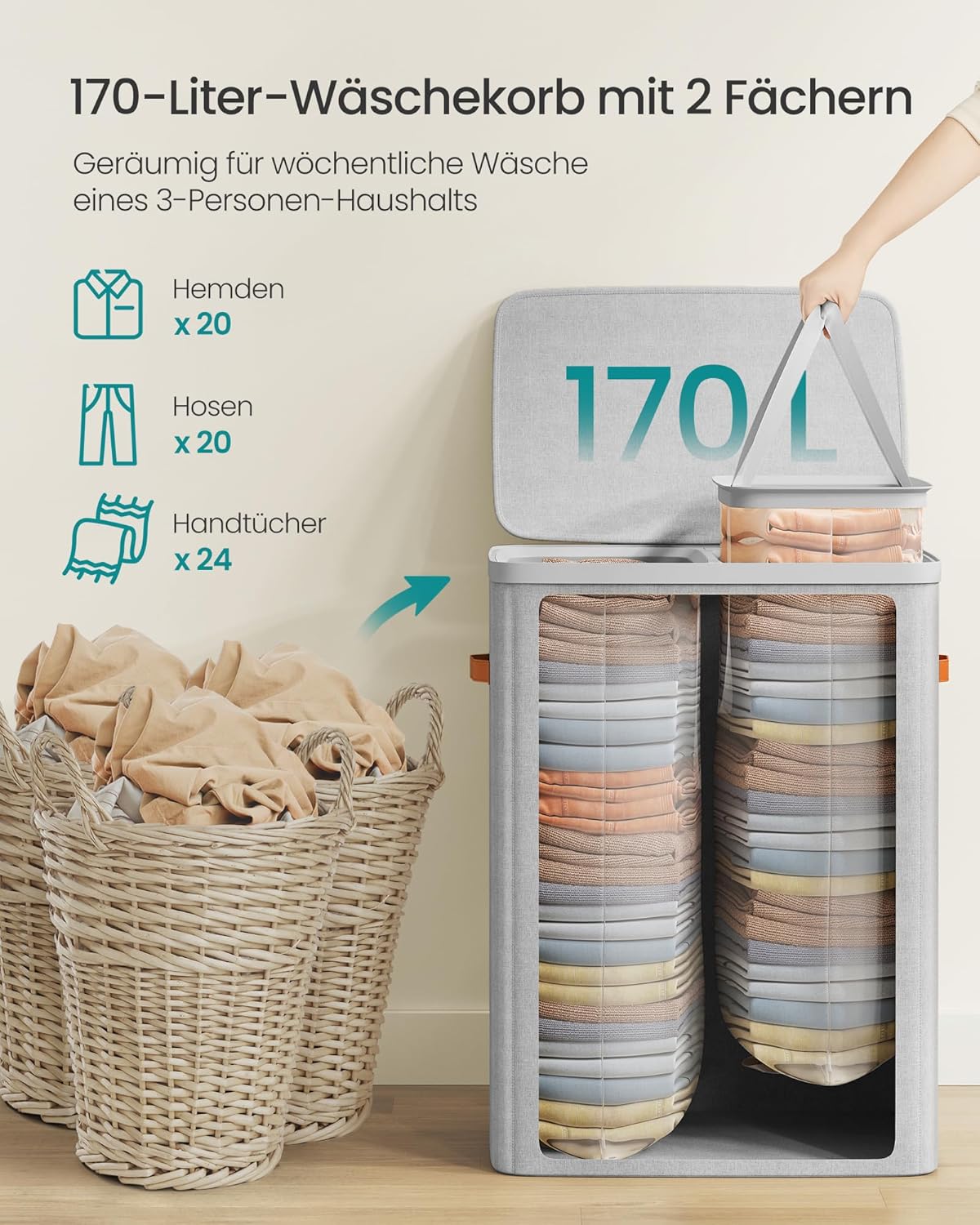 SONGMICS košara za rublje 170 L, 56 × 40 × 75 cm, siva
