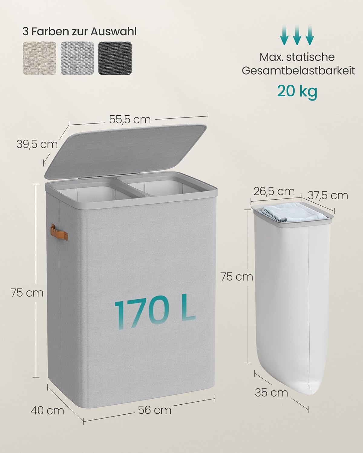 SONGMICS košara za rublje 170 L, 56 × 40 × 75 cm, siva