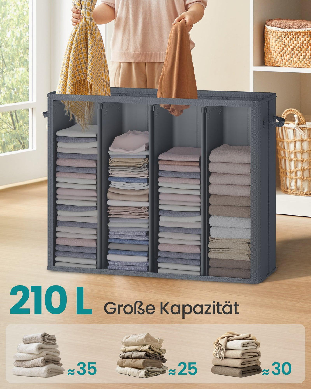 SONGMICS košara za rublje s 4 pretinca i poklopcem, 210 L, tamnosiva
