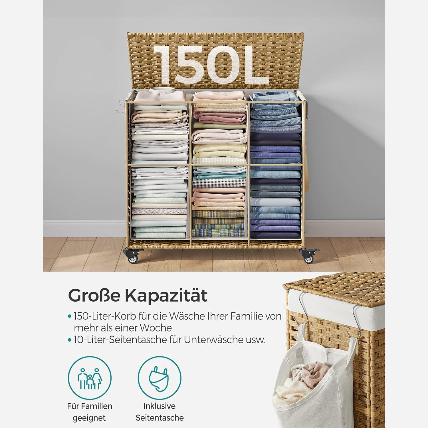 SONGMICS košara za rublje s poklopcem, 160 L, korpa za rublje, natural | SONGMICS-vitahome.hr