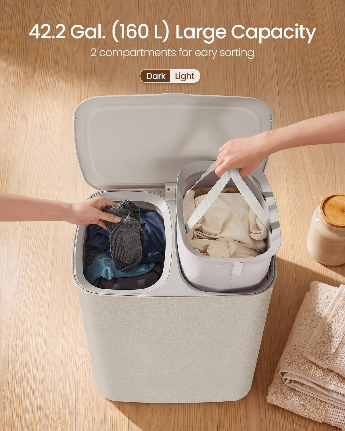 SONGMICS košara za rublje s poklopcem i 2 odjeljka, 160 L, cappuccino bež