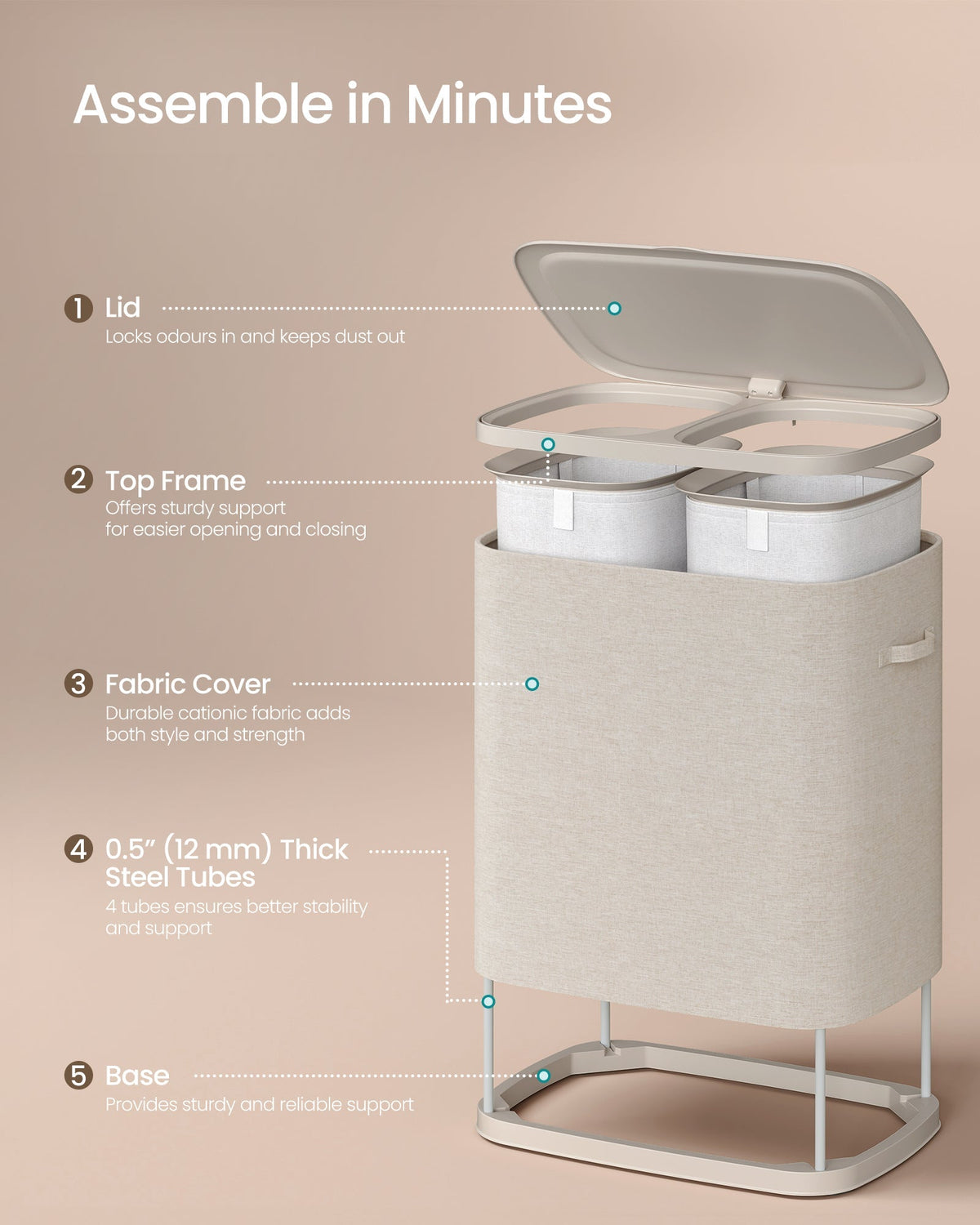 SONGMICS košara za rublje s poklopcem i 2 odjeljka, 160 L, cappuccino bež