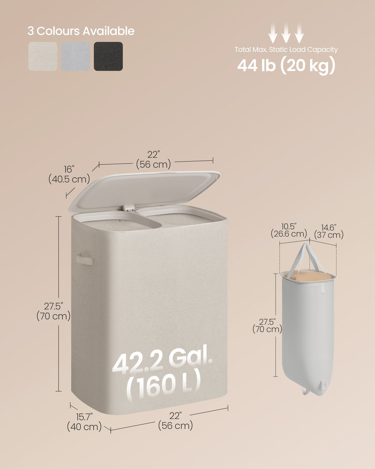 SONGMICS košara za rublje s poklopcem i 2 odjeljka, 160 L, cappuccino bež