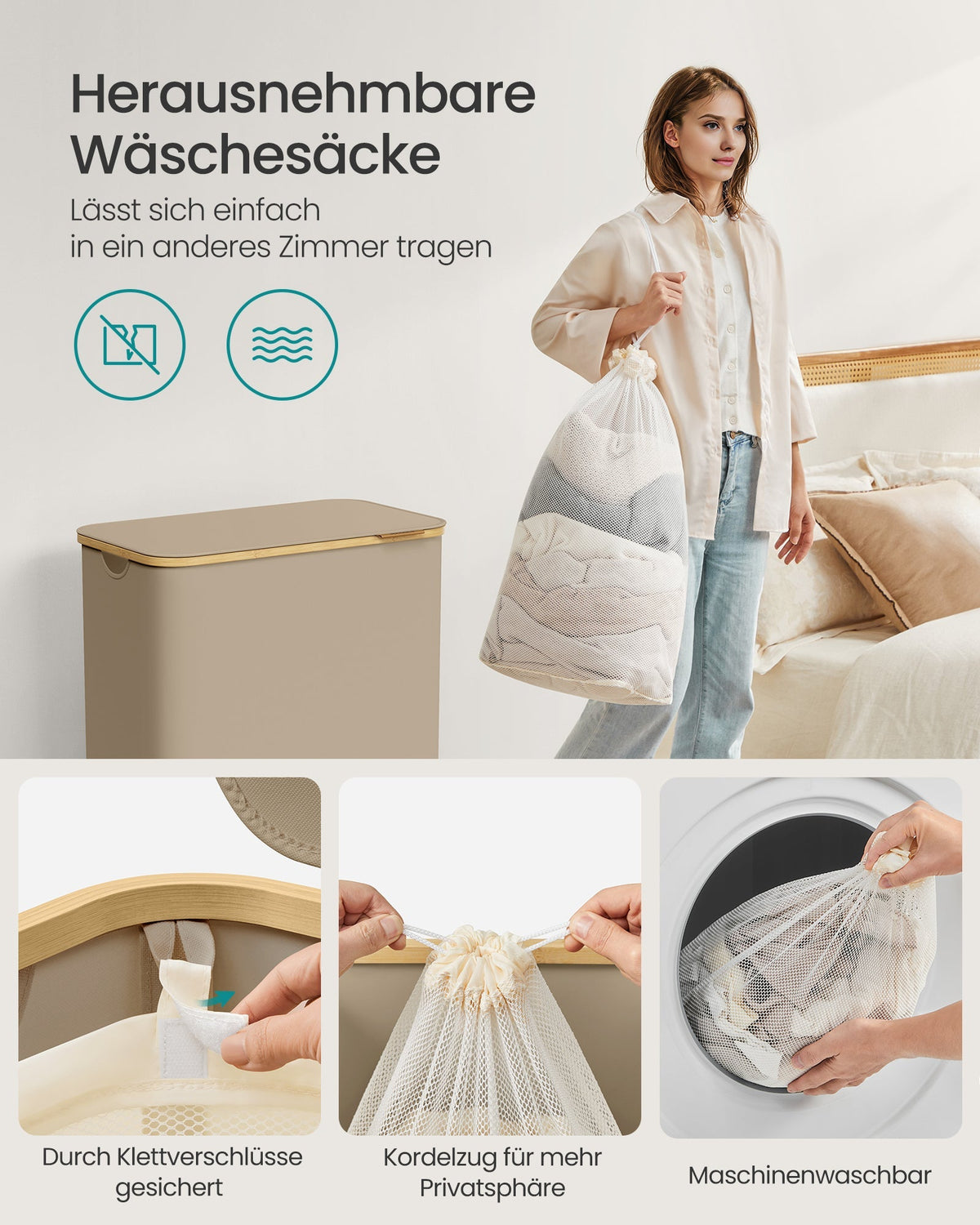 SONGMICS košara za rublje s poklopcem i 3 odjeljka, 150 L (60 x 38,5 x 70,5 cm), kamelno smeđa