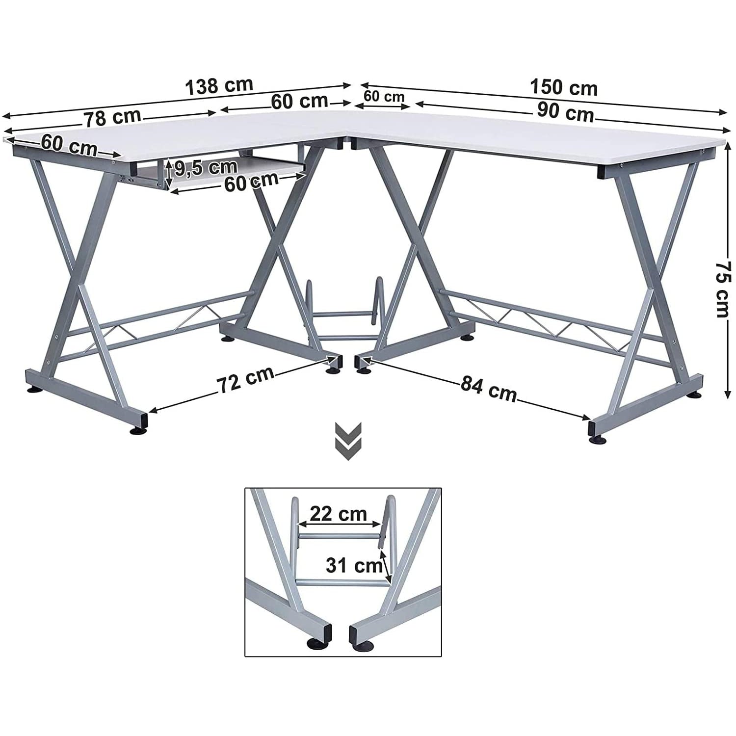 SONGMICS kutni stol za računalo, stol u obliku slova L 150 x 138 x 75 cm, bijeli | Vasagle-vitahome.hr