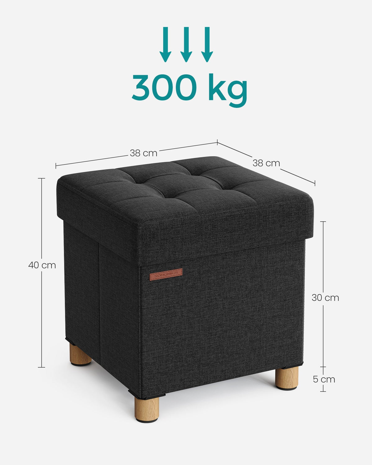SONGMICS mali puf s prostorom za pohranu, 38 cm – nosivost 300 kg, preklopiv, crna kao tinta