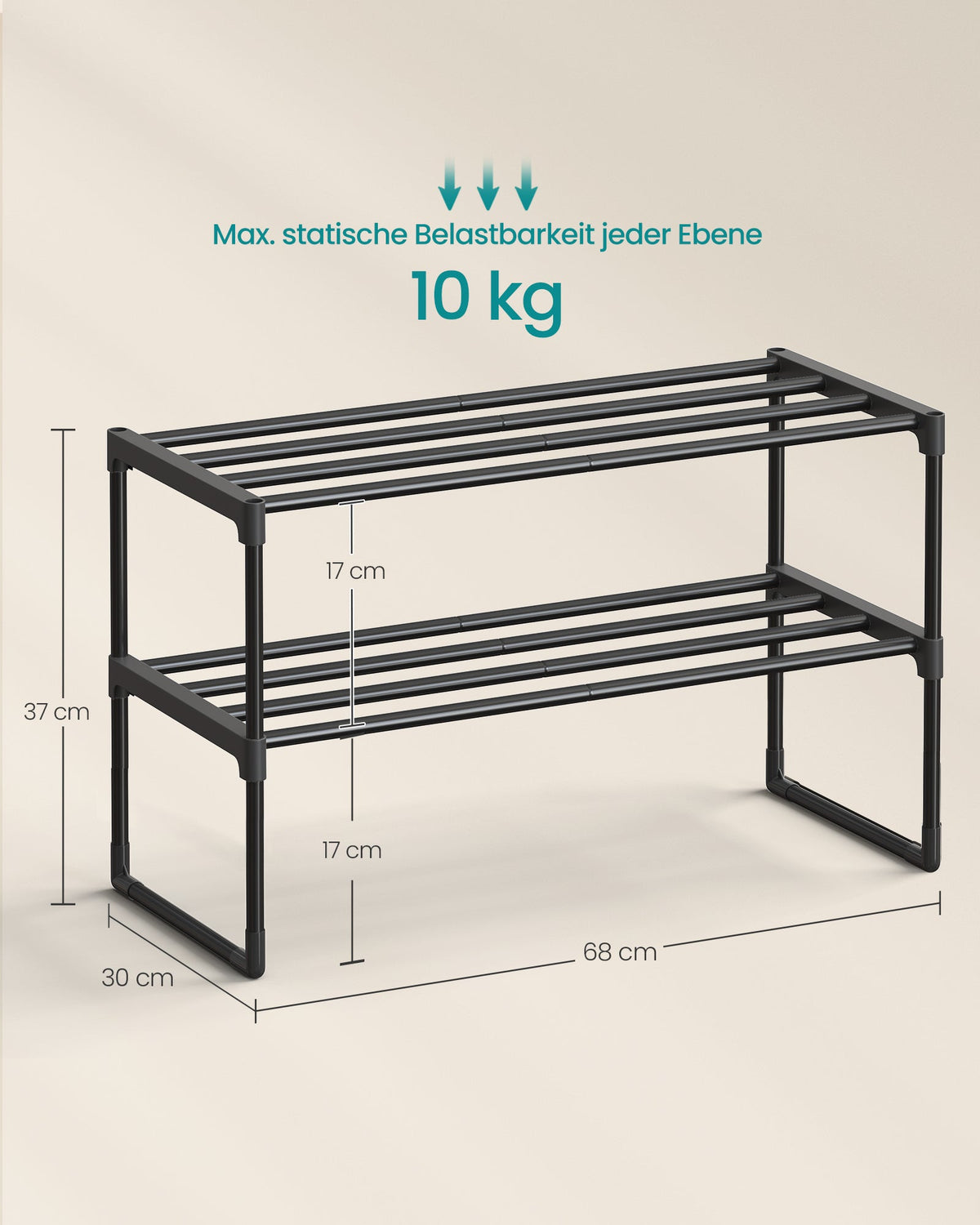 SONGMICS metalna polica za cipele s dvije razine, 68 cm, može se slagati jedna na drugu, crna