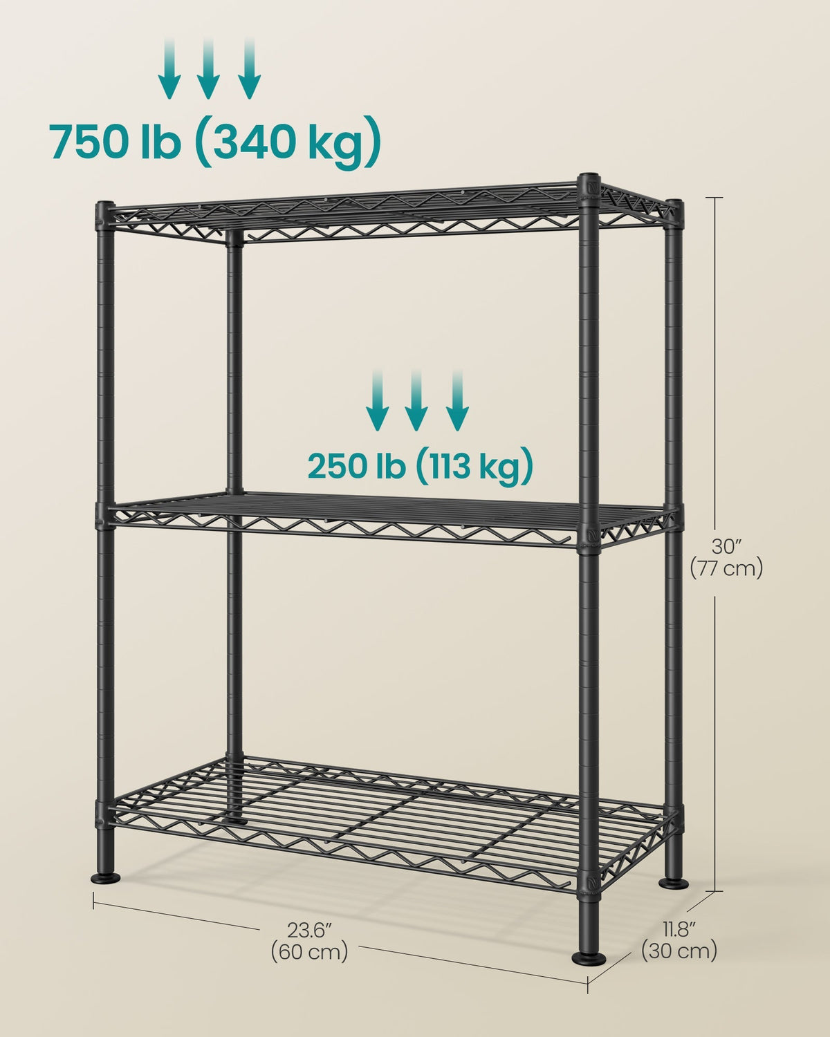 SONGMICS metalna polica za odlaganje s 3 razine, 30 x 60 x 77 cm, dubokocrna