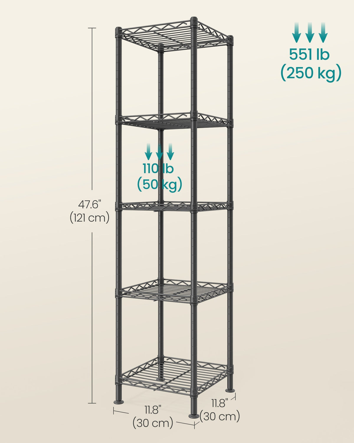 SONGMICS metalna polica za odlaganje s 5 razina, 30 x 30 x 121 cm, dubokocrna