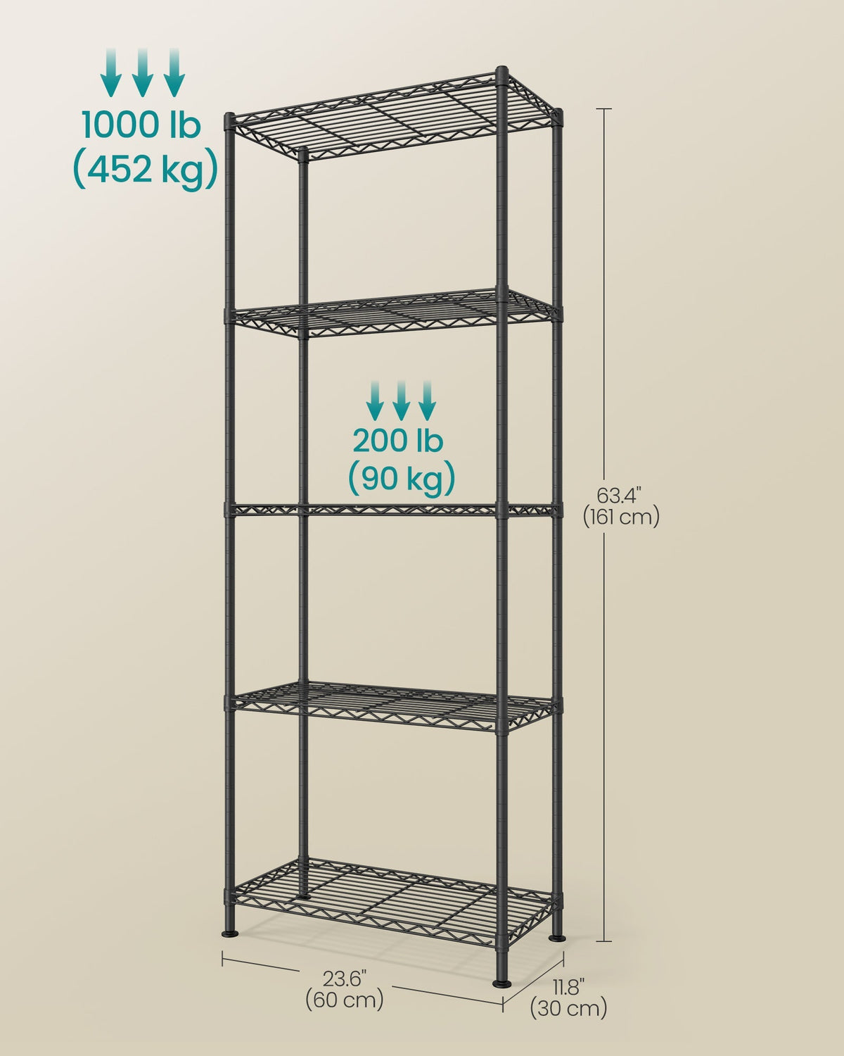 SONGMICS metalna polica za odlaganje s 5 razina, 30 x 60 x 161 cm, dubokocrna