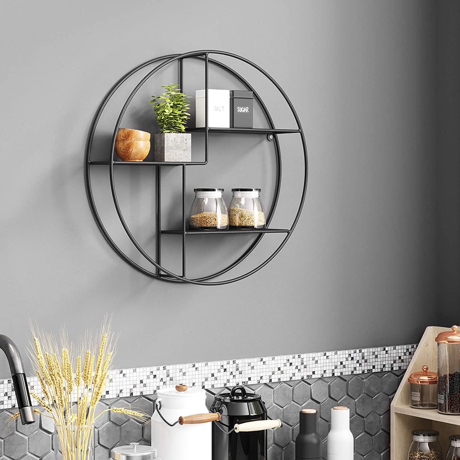 SONGMICS metalna zidna polica, okrugla plutajuća polica s 3 metalne mrežaste ploče (promjer 55 cm) | SONGMICS-vitahome.hr