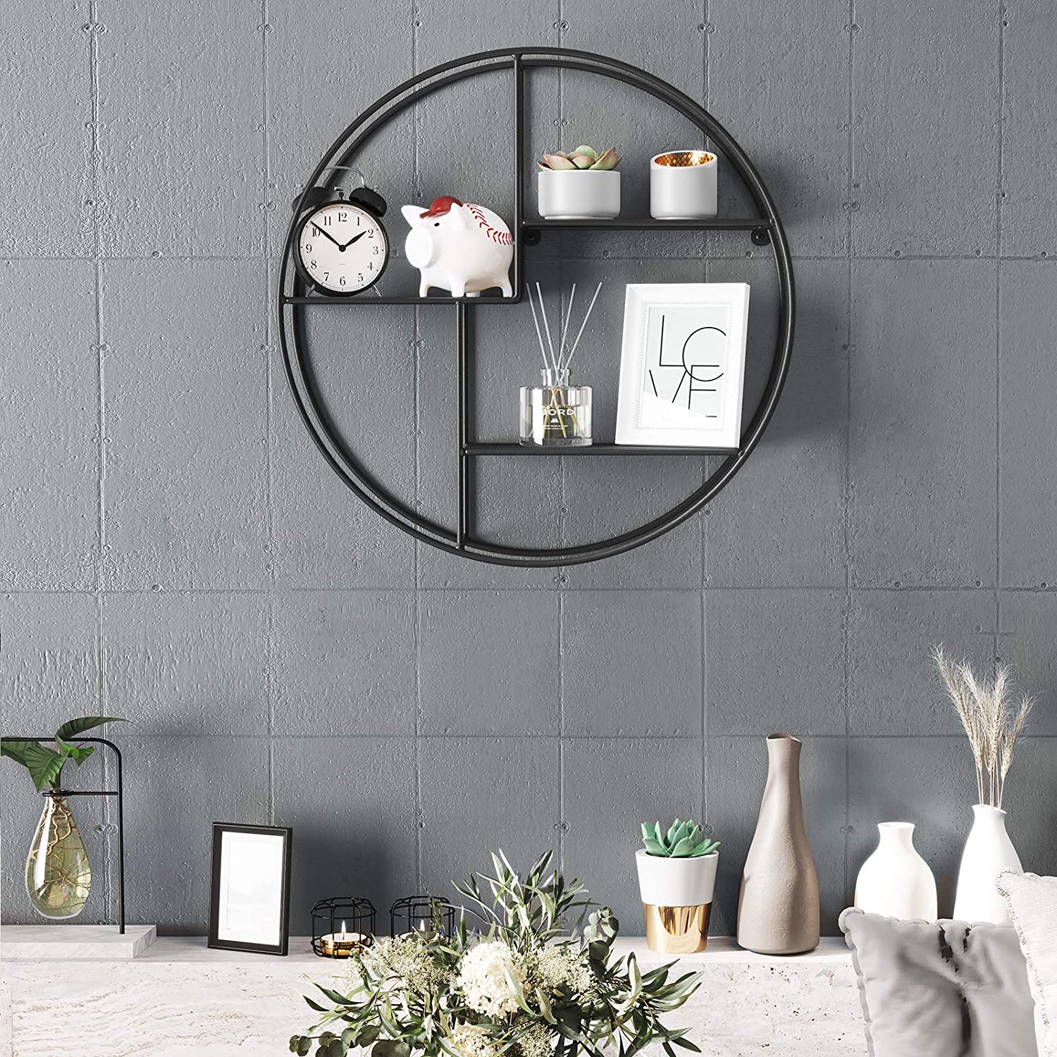 SONGMICS metalna zidna polica, okrugla plutajuća polica s 3 metalne mrežaste ploče (promjer 55 cm) | SONGMICS-vitahome.hr