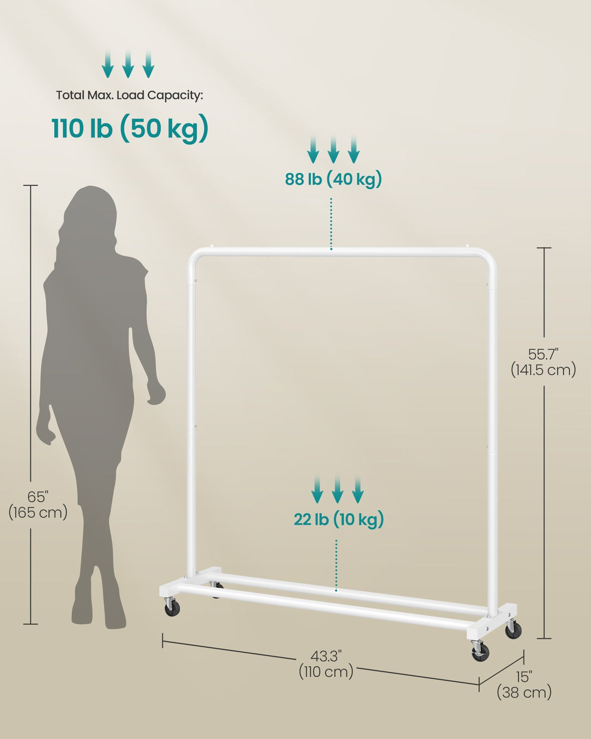 SONGMICS metalni stalak za odjeću na kotačima, širine 110 cm, mat bijeli