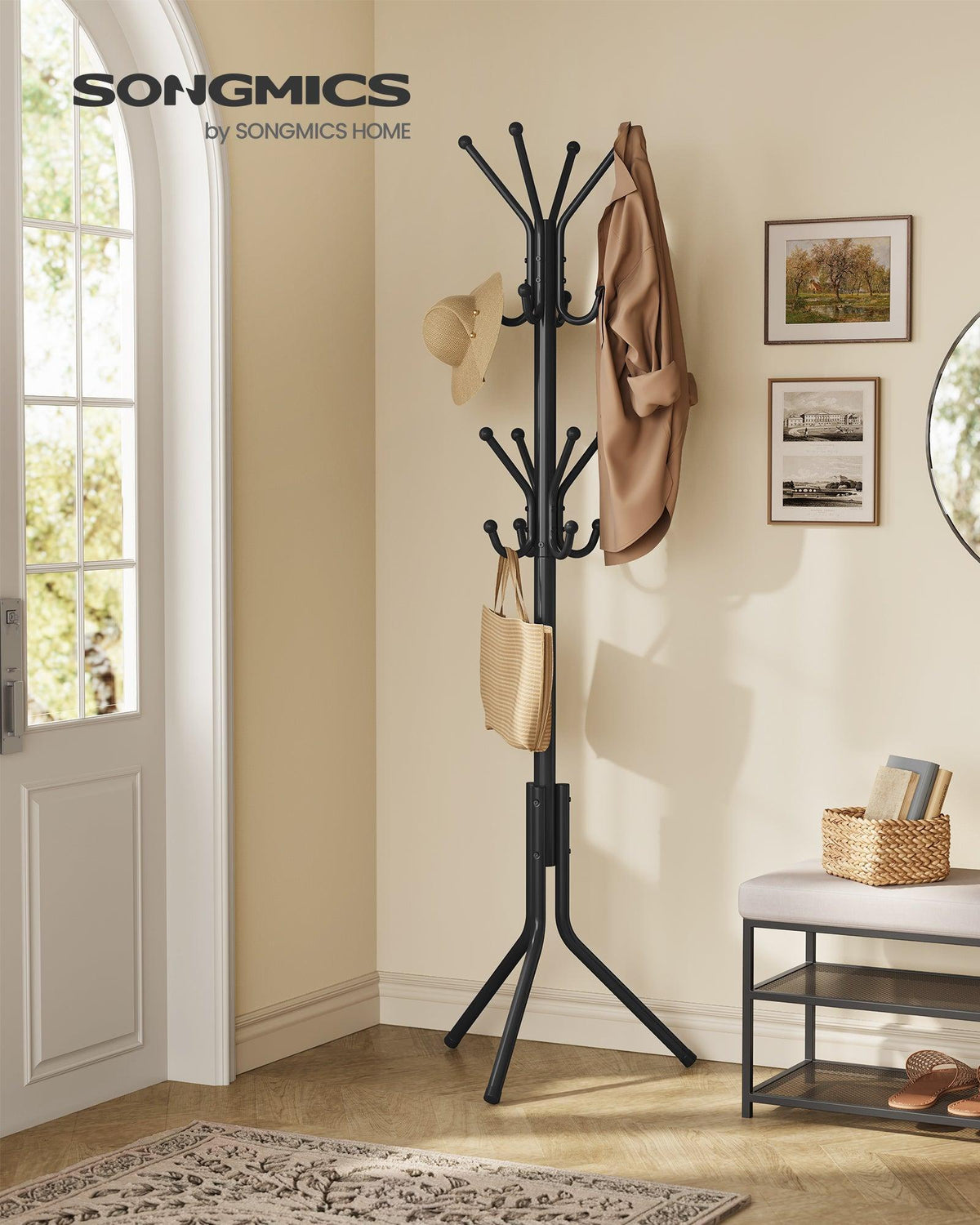 SONGMICS metalni stalak za odjeću sa 16 kuka, visok 175 cm, tintno crna