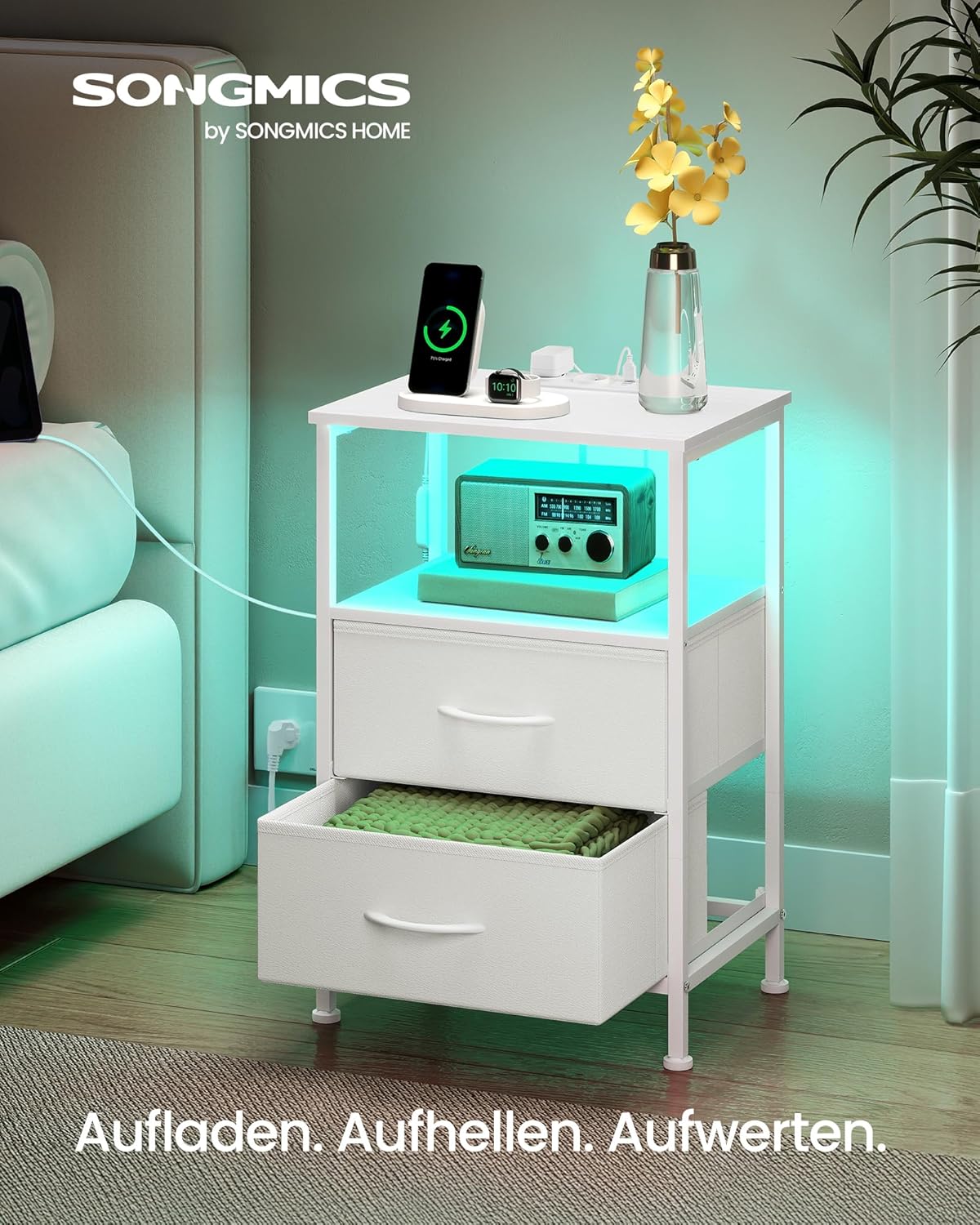 SONGMICS noćni ormarić s punjačem, podesiva LED rasvjeta, snježno bijela