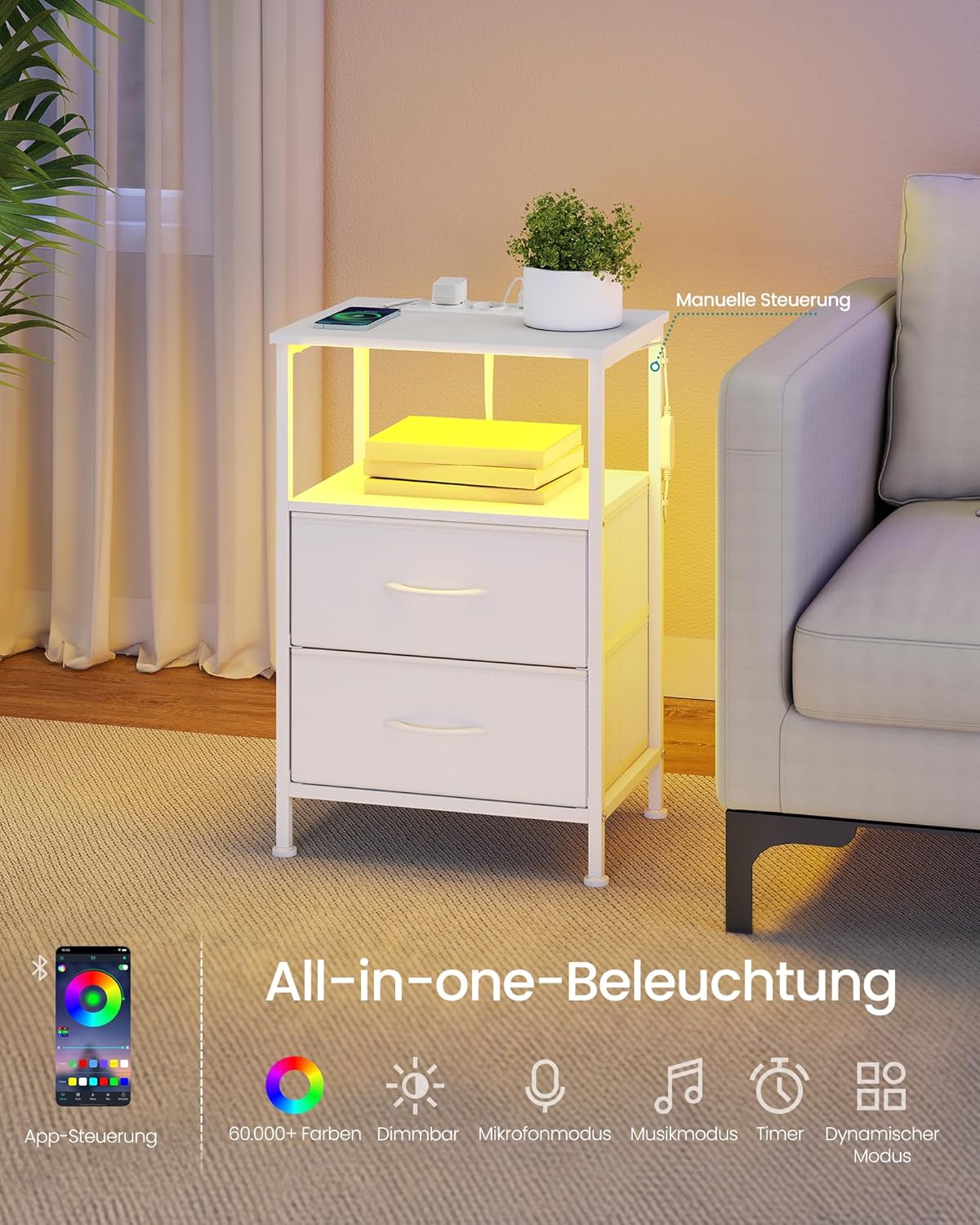 SONGMICS noćni ormarić s punjačem, podesiva LED rasvjeta, snježno bijela