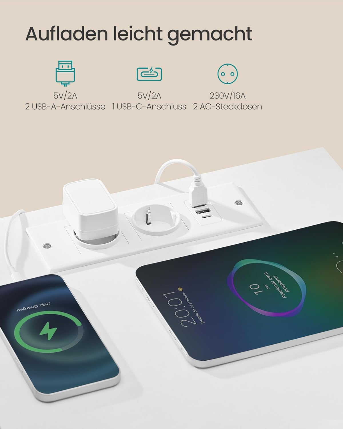 SONGMICS noćni ormarić s punjačem, podesiva LED rasvjeta, snježno bijela