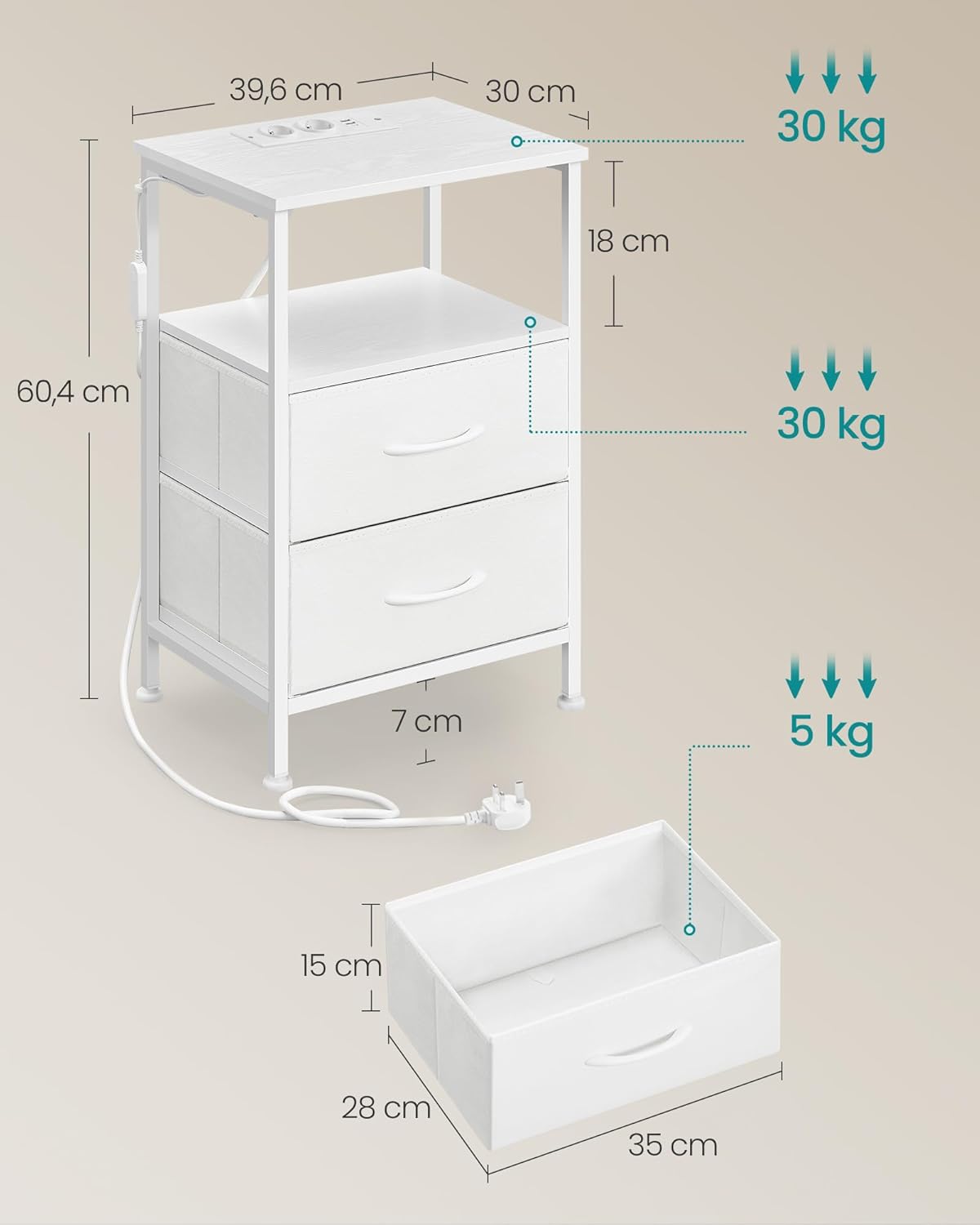 SONGMICS noćni ormarić s punjačem, podesiva LED rasvjeta, snježno bijela