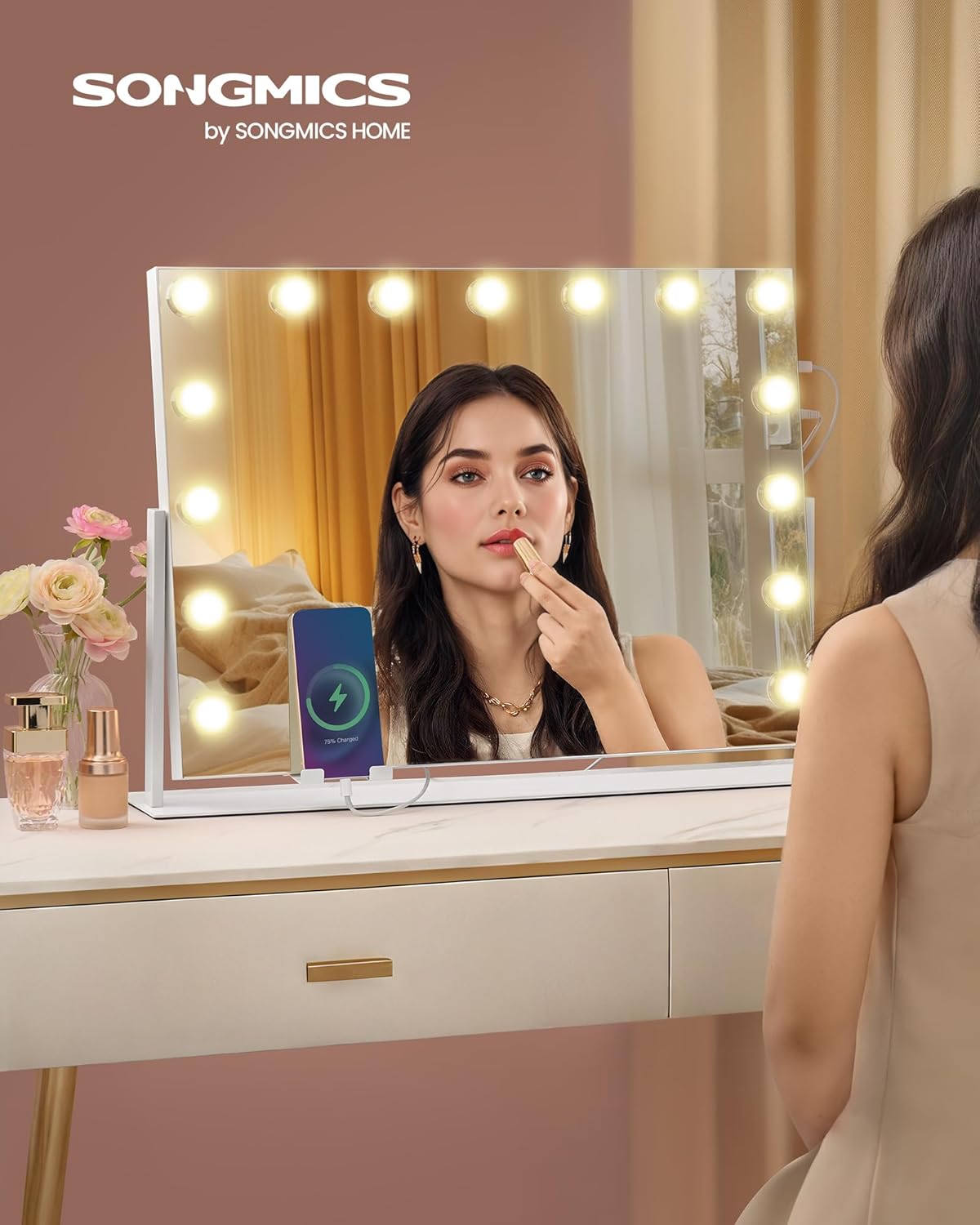 SONGMICS ogledalo za šminkanje s rasvjetom, 58 x 43 cm, 15 LED žarulja, mat bijelo